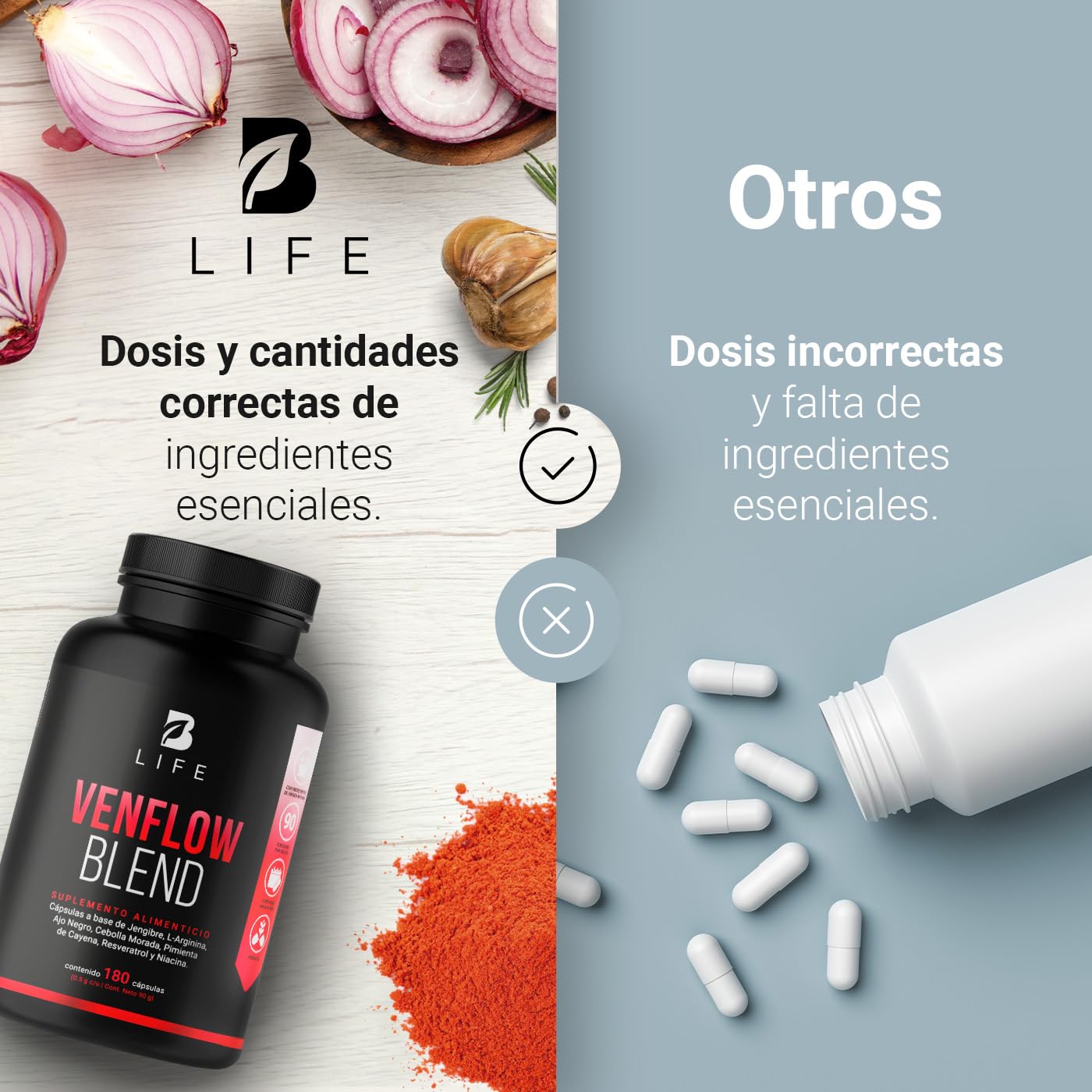 B Life Company Venflow Blend de 180 cápsulas. Ingredientes naturales: Jengibre, Ajo negro, Arginina, Resveratrol, Vitamina B3, Cebolla Morada y Pimienta de Cayena. Venflow Blend.