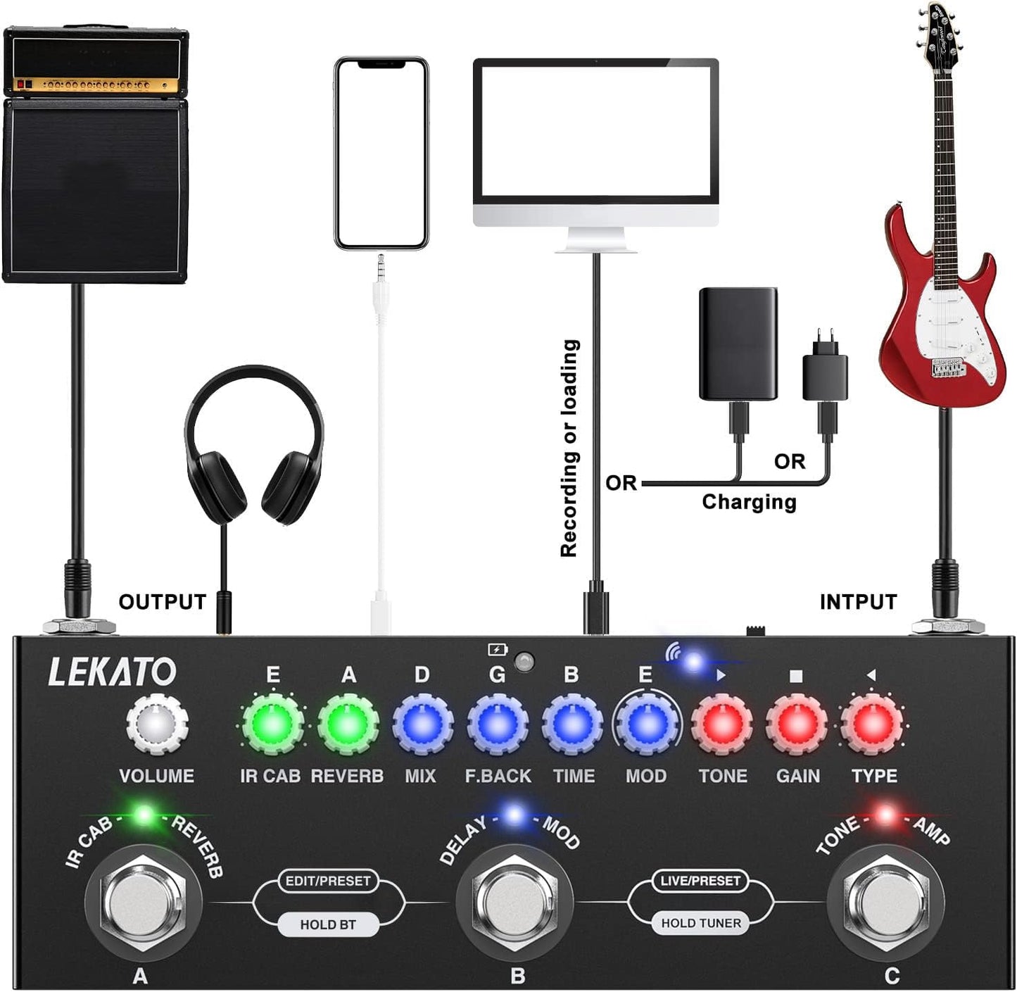 LEKATO - Pedal de guitarra multiefectos, con carga IR de 9 modelos AMP, pedal de sobremarcha de distorsión de reverberación retardada, efectos de guitarra eléctrica recargable, grabación de soporte