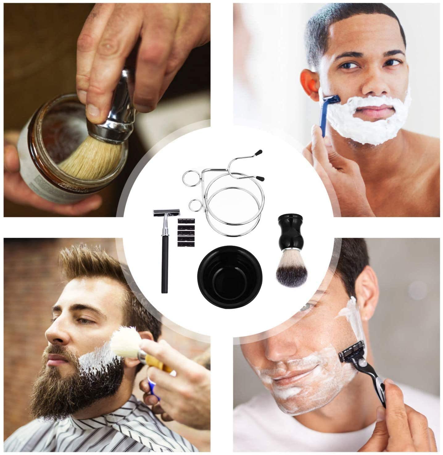Juego de herramientas de afeitado para hombre con jabonera + cepillo de afeitado + soporte para cepillo + maquinilla de afeitar (4 cuchillas reemplazables), kits de afeitado para hombres, gran opción de regalo para tu hombre, marido, padre o hermano