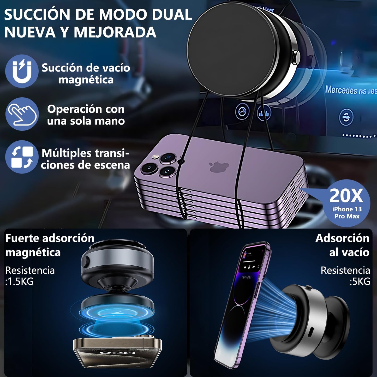 Soporte Celular Automóvil Magnético,sujetador de celular para auto giratorio de 360°,Con anillo magnético y ventosa,Compatible con todos los teléfonos móviles,Adecuado para parabrisas/salpicaderos