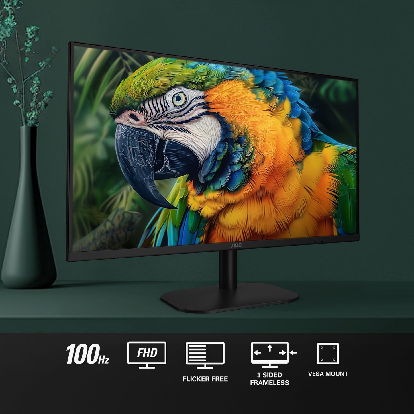 AOC 27B2H2 Monitor IPS sin Marco de 27 Pulgadas, FHD 1920x1080, 100Hz, 101% sRGB, para el hogar y la Oficina, Entrada HDMI y VGA, Modo Azul bajo, Compatible con VESA, Negro