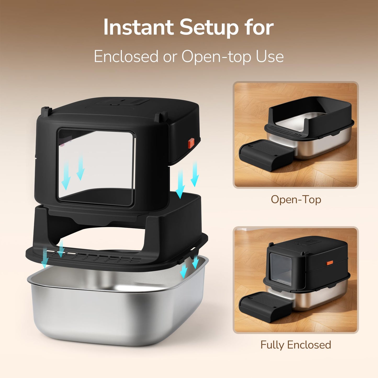 Aupures - Caja de arena de acero inoxidable con tapa – Caja de arena para gatos cubierta extraíble XL con solapa de puerta, caja de arena de metal extragrande con lados altos, cuchara de arena –