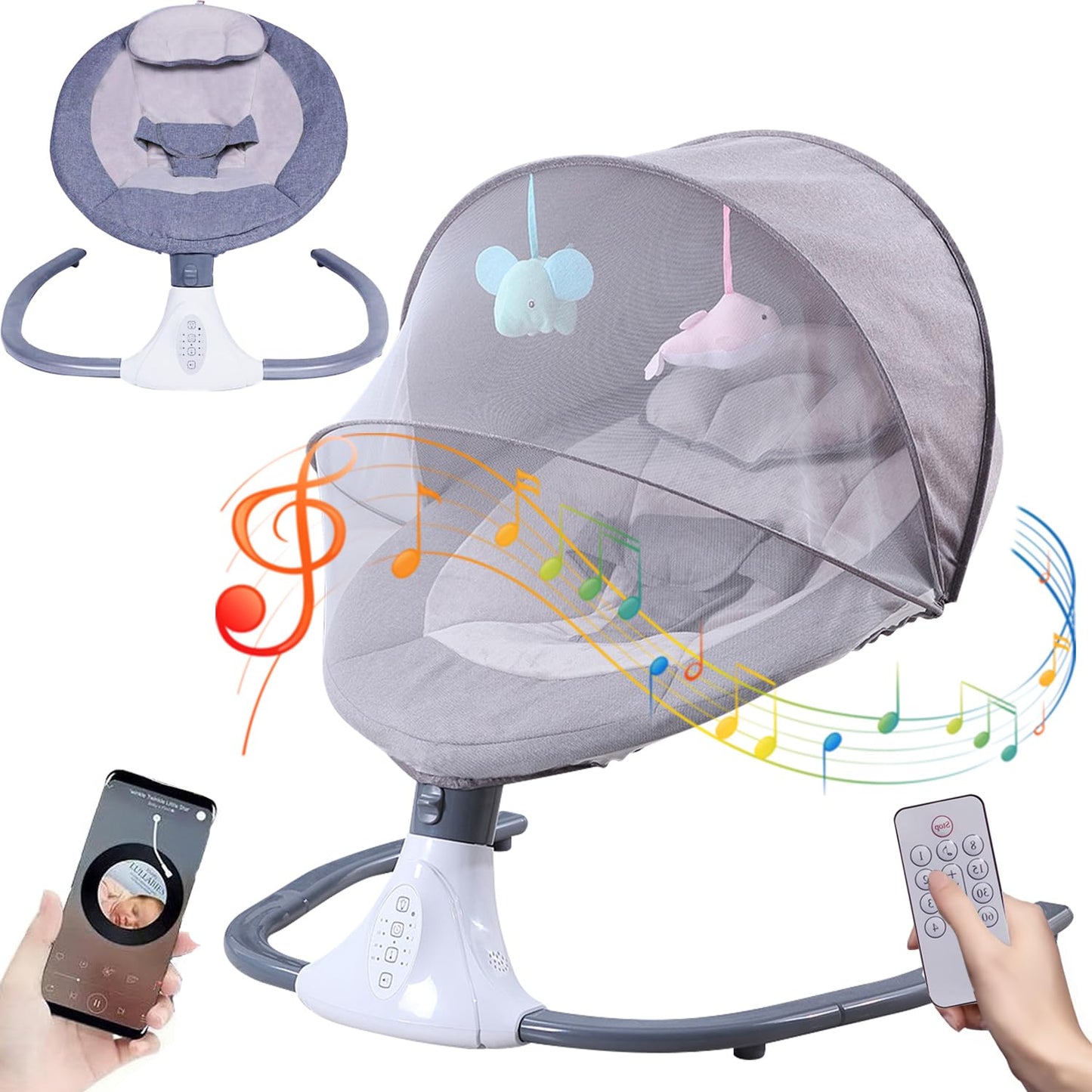 Mecedora Eléctrica para Bebé, Columpio Portátil Gris con Mando a Distancia y Canciones de Cuna