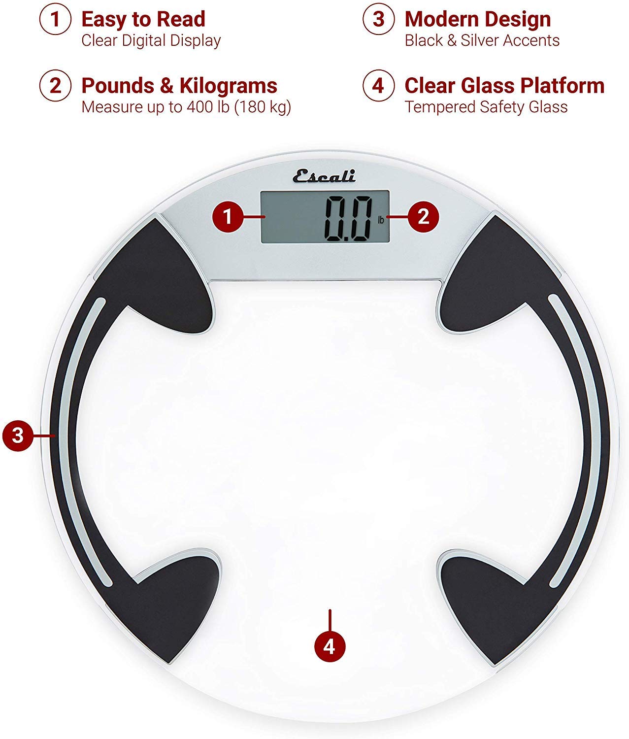 Escali Báscula digital de baño de vidrio para peso corporal, báscula de cuerpo de baño, alta capacidad de 400 libras, batería incluida, plataforma redonda transparente