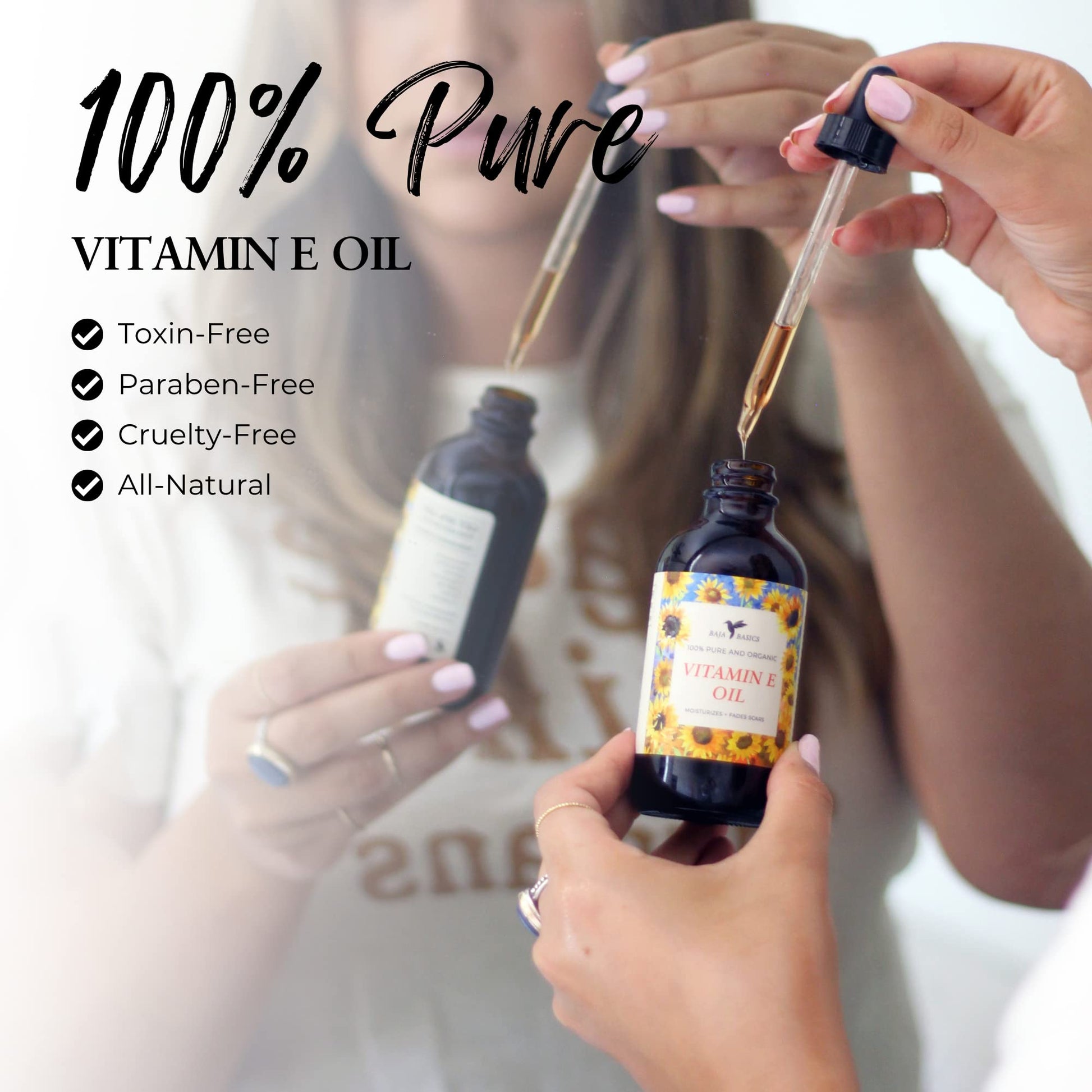 Baja Basics- Aceite de vitamina E pura, humectante para la piel, rostro, cuerpo, uñas y cabello, producto multiusos para el cuidado de la piel