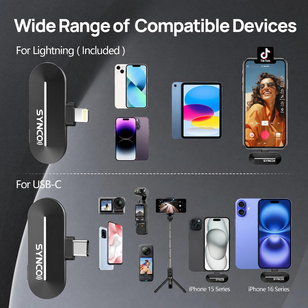 Micrófono Inalámbrico SYNCO Negro con Cancelación de Ruido para iPhone