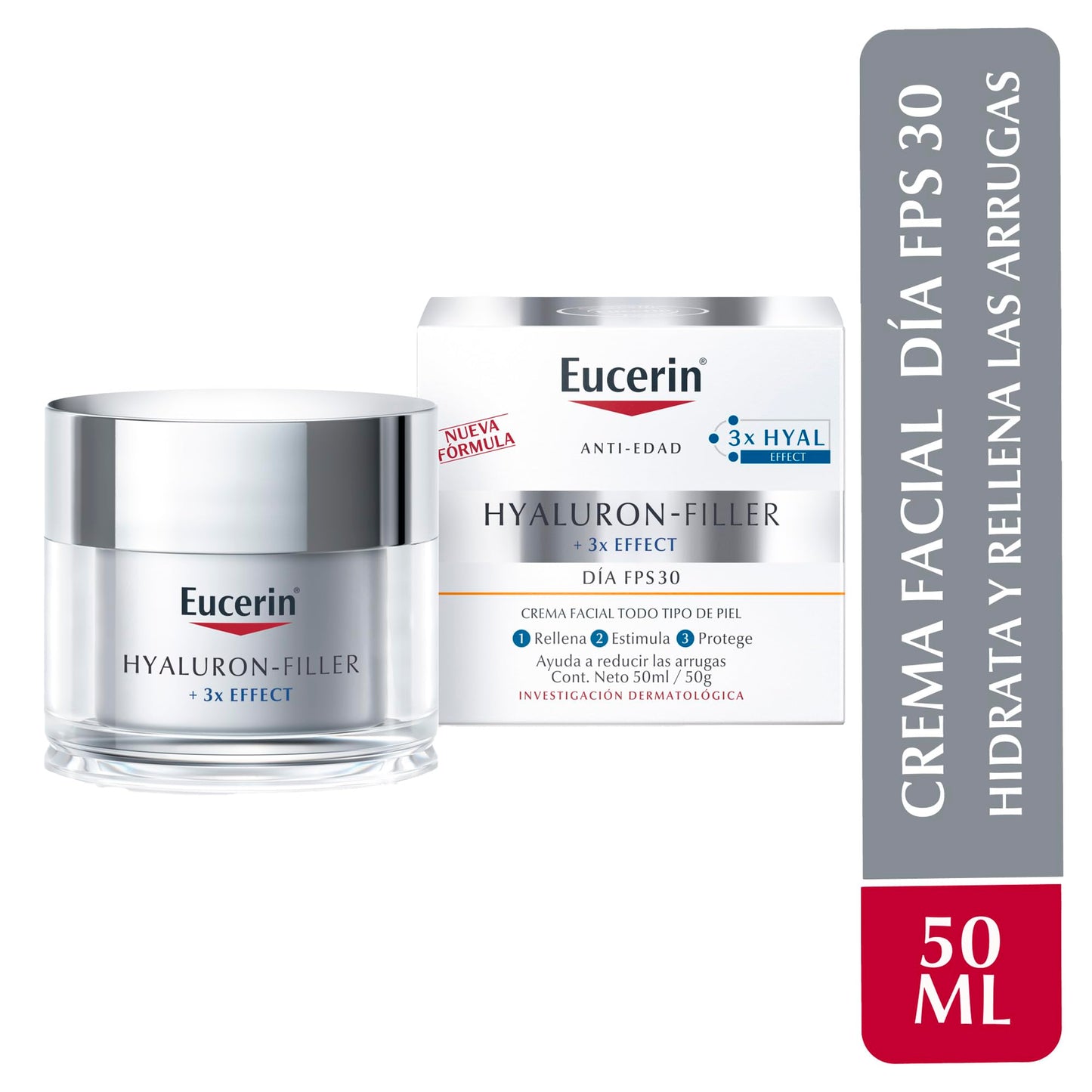 Eucerin Hyaluron-Filler 3X EFFECT Crema Facial de Día Anti Arrugas con Protección Solar FPS 30 50ml con Ácido Hialurónico Anti Edad para todo tipo de piel