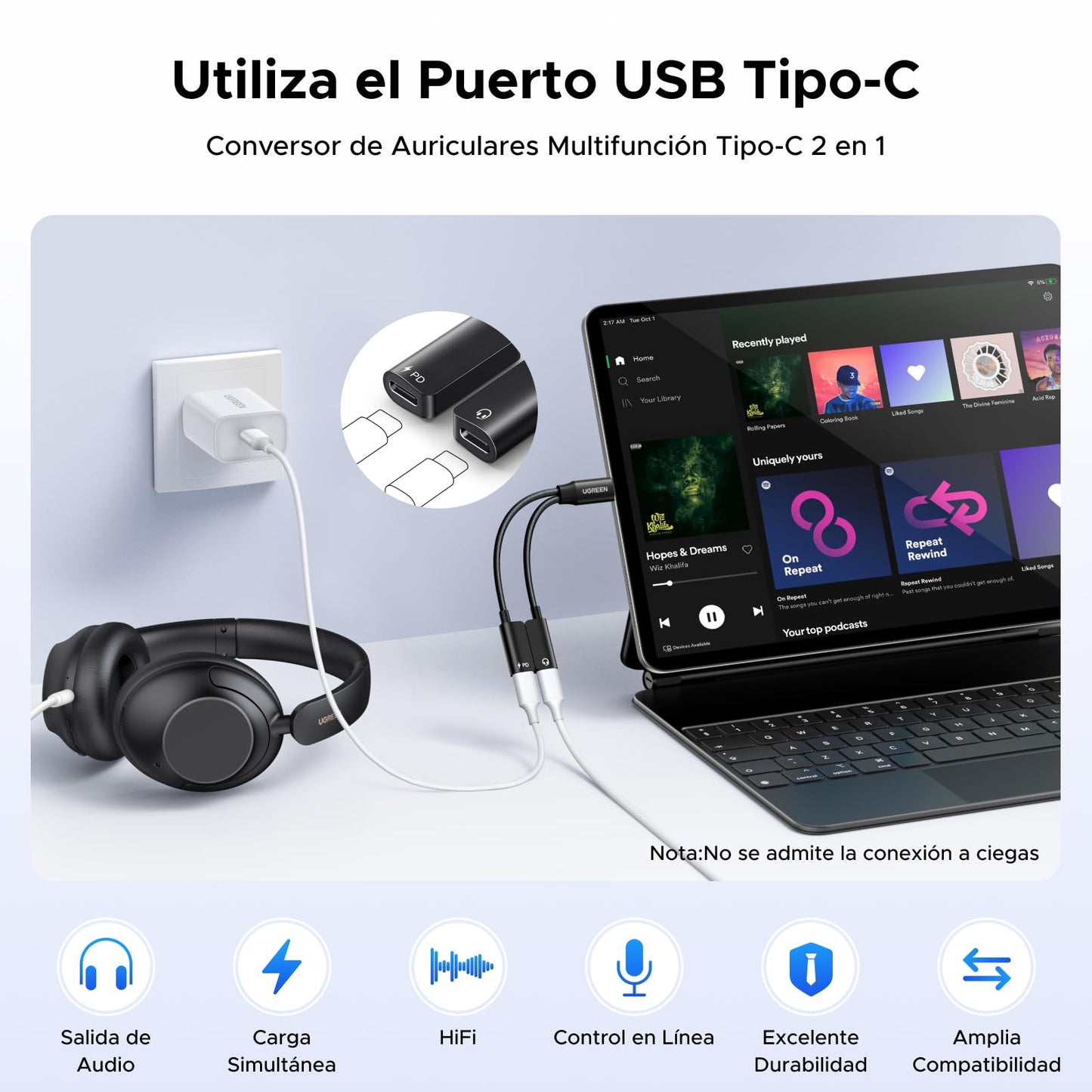 Adaptador de Audio UGREEN Tipo C Negro 1 Entrada 2 Salidas para Auriculares y Cargador Carga Rápida PD 60W