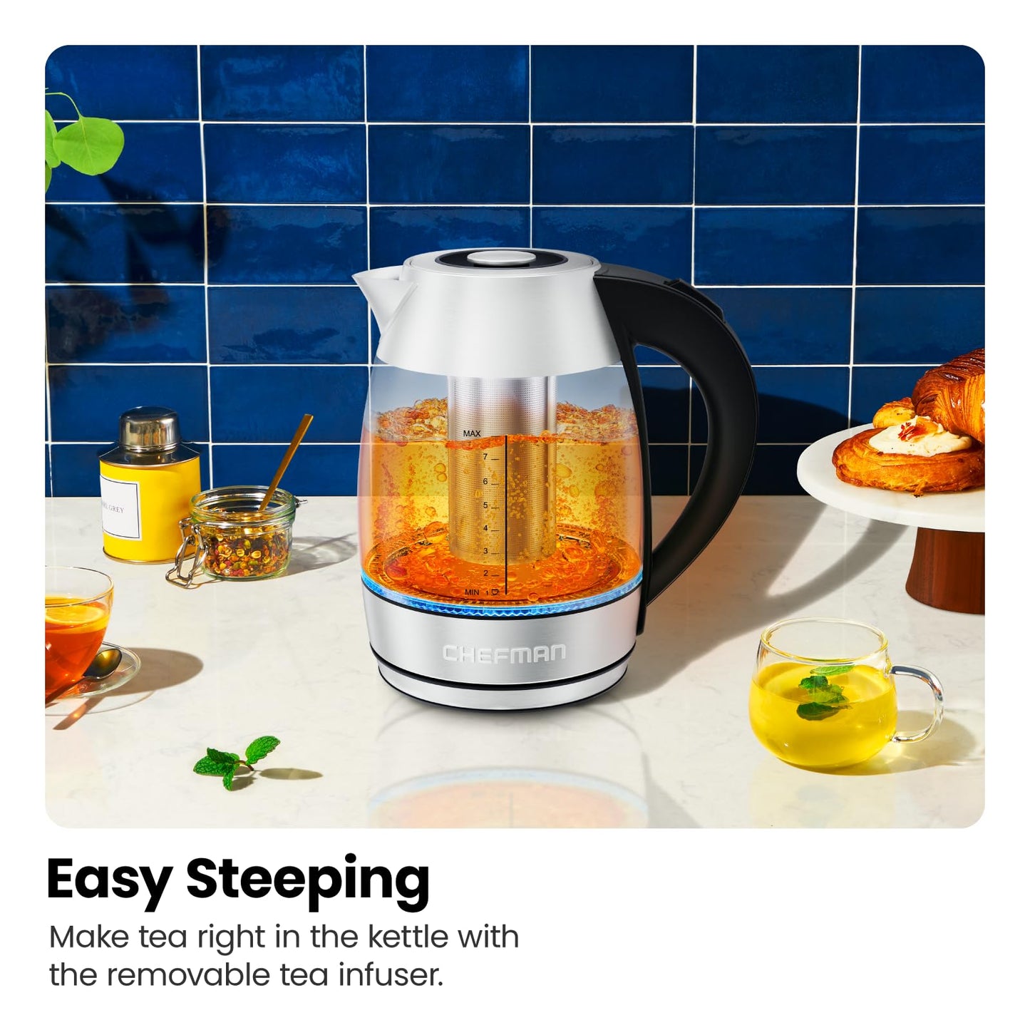 Chefman Fast W/luces LED Auto Shutoff & Hervir Seco Protección Inalámbrica, Sin BPA, Extraíble, 1,8 litros, Hervir rápido + infusor de té