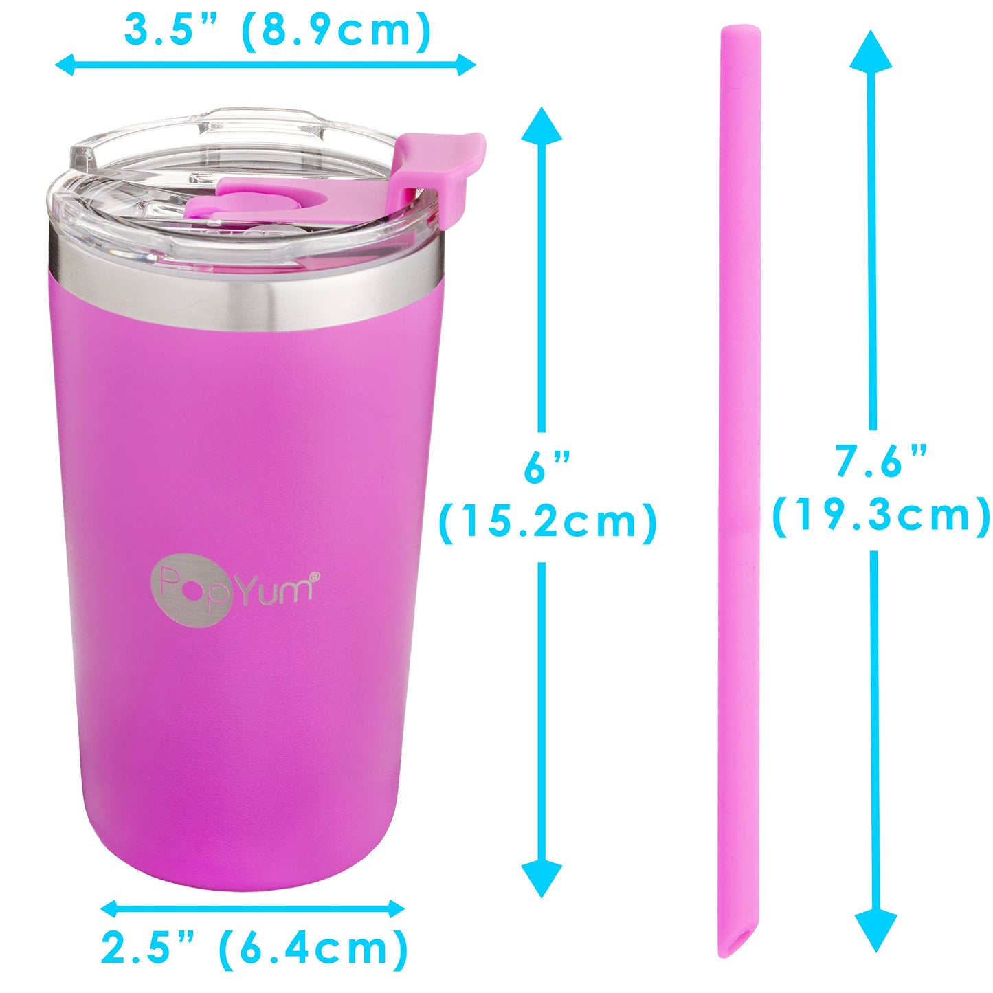 PopYum - Tazas para niños de acero inoxidable aisladas con tapa y popote, 2 paquetes, morado, rosa, apilables, con pico, para bebé, niño, niño pequeño, vaso, de doble pared, al vacío, a prueba de