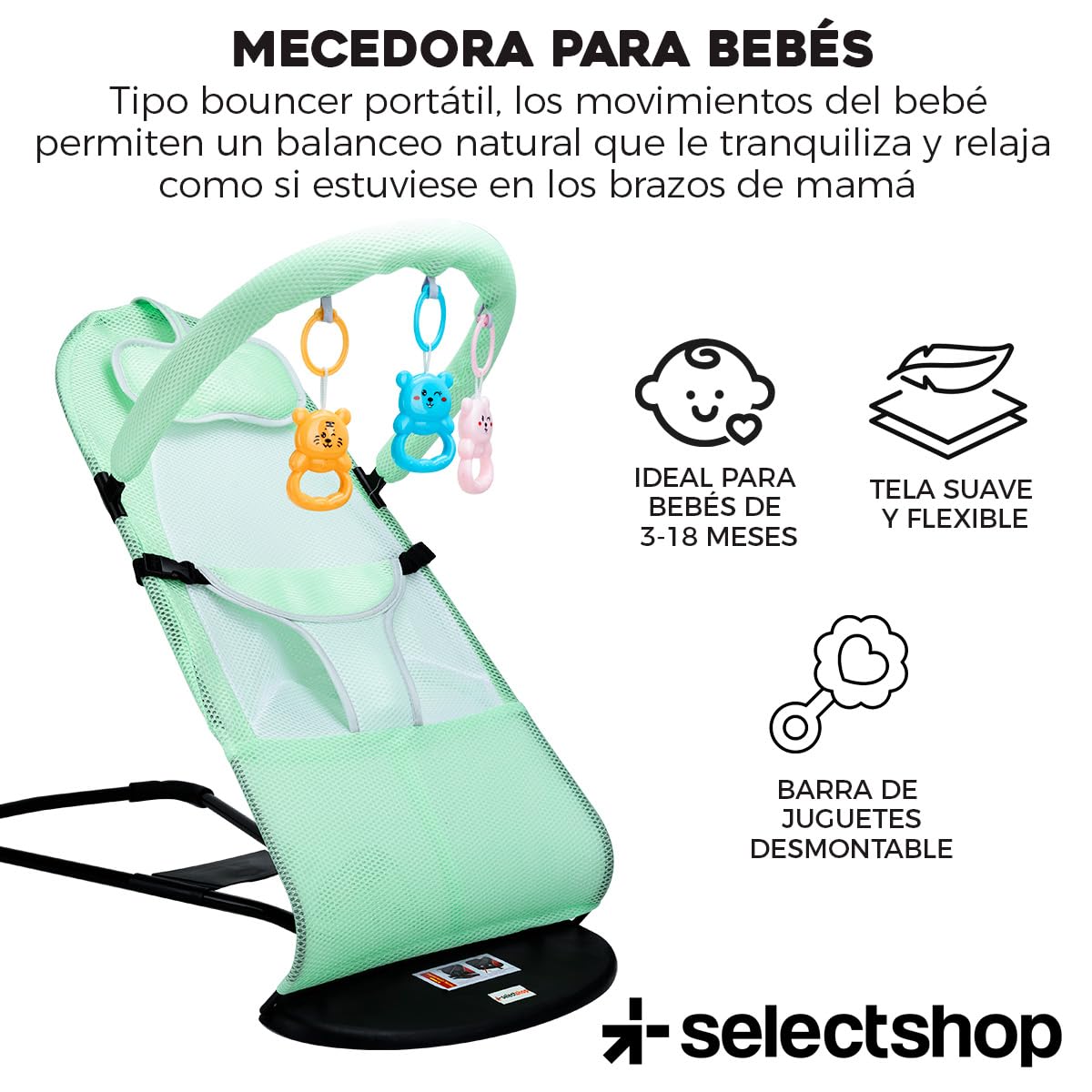 Silla Mecedora Portátil SELECTSHOP Verde con Asiento Transpirable y Cómodo para Bebé