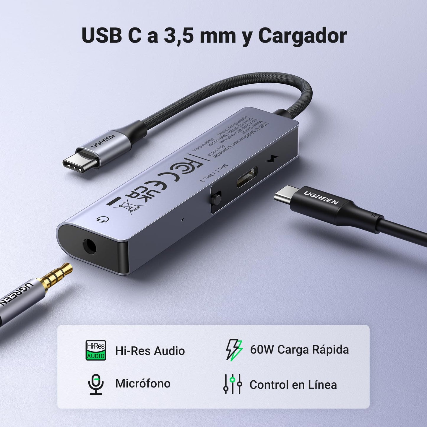 UGREEN Adaptador USB C a Jack 3.5 mm, 60W PD Carga Rápida, Hi-Res Certificado HiFi Adaptador Auriculares Tipo C Compatible con iPhone 15/Galaxy S23 ultra/22/21, Huawei P40, Xiaomi 12/11