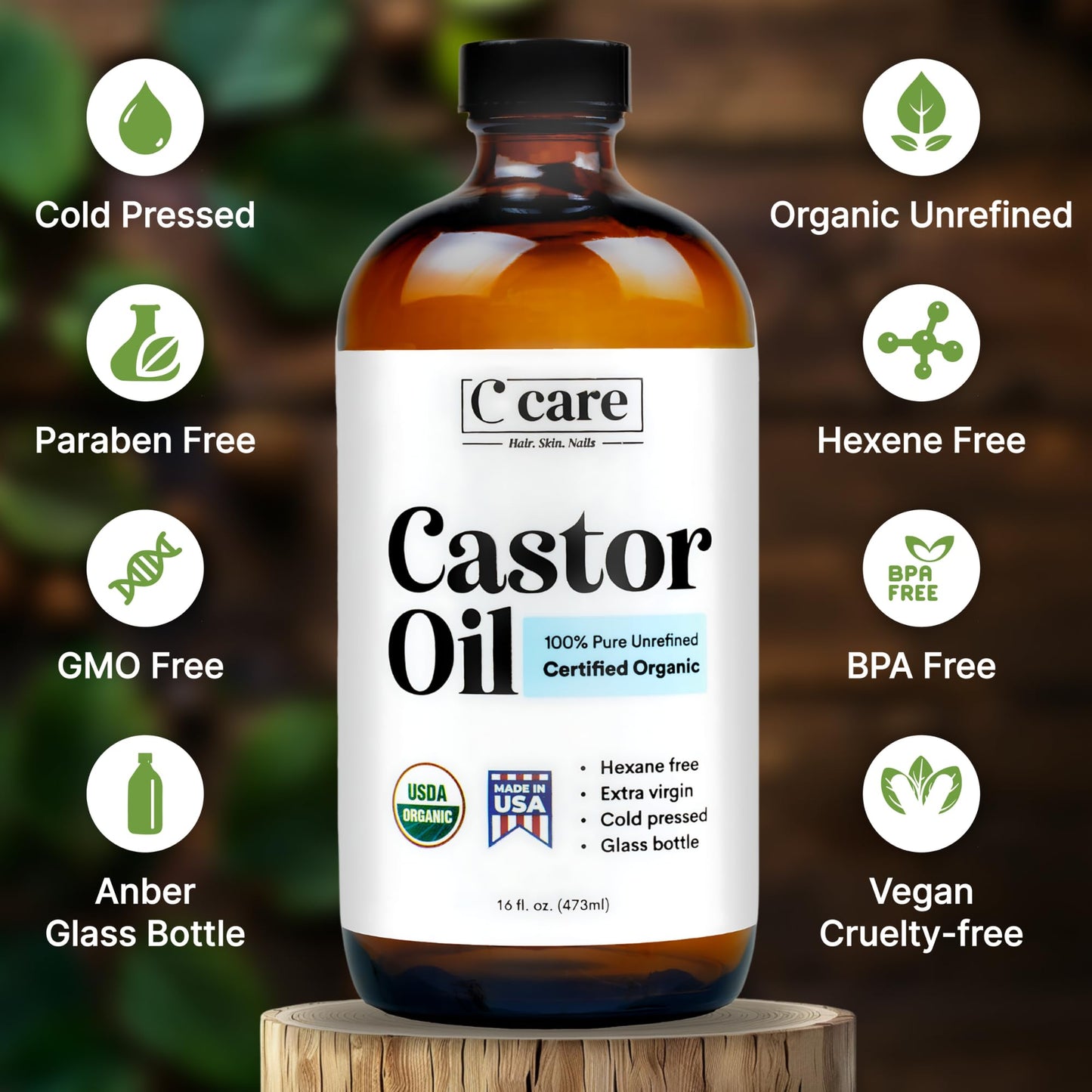 C CARE Aceite de Ricino Orgánico Prensado En Frío Sin Refinar Botella de Vidrio Sin Refinar Usda Certificado Puro Aceite de Ricino Orgánico Sin Hexano Virgen Extra para Crecimiento Del Cabello Cejas P
