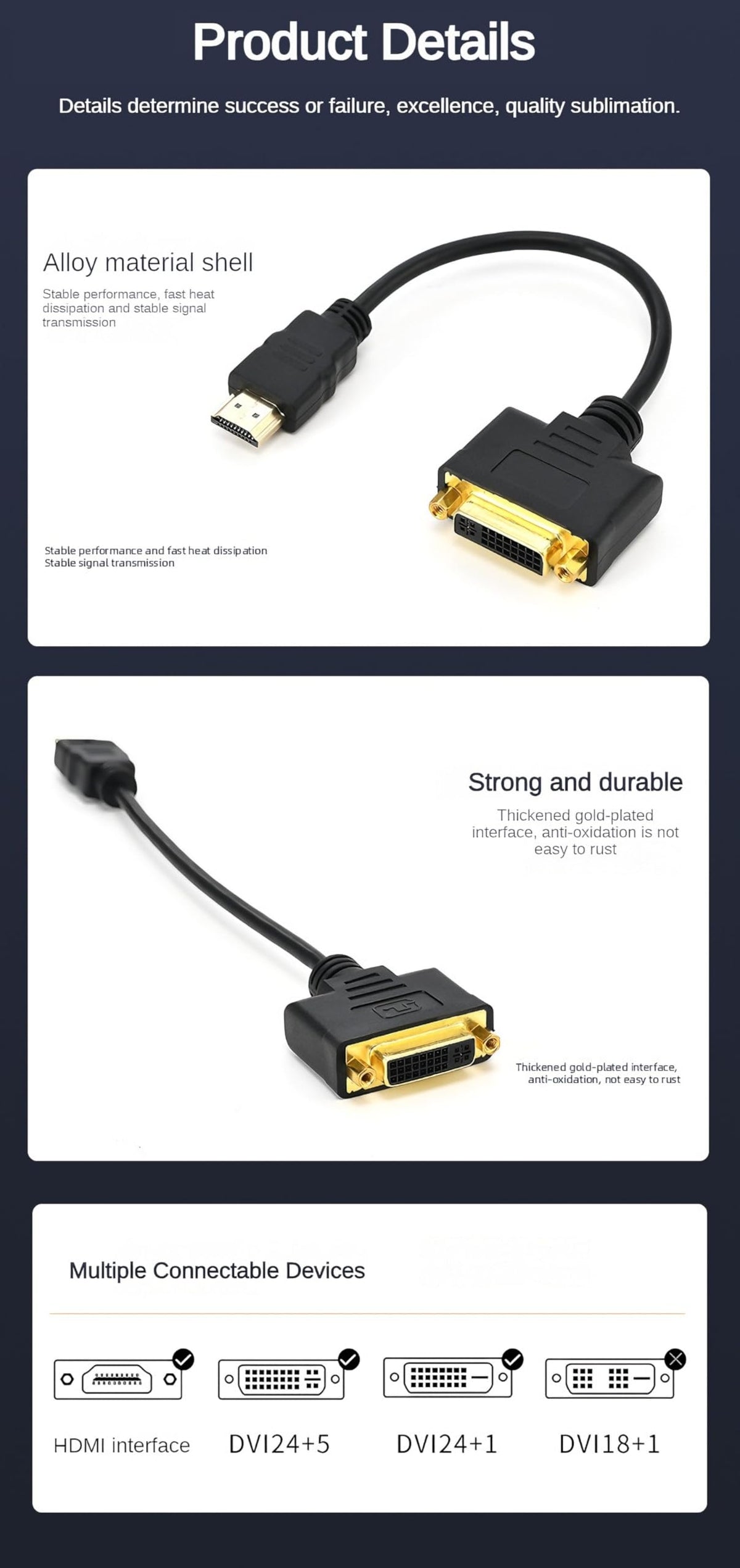 Adaptador HDMI a DVI Macho con Tuercas de Tornillo Doradas para Monitor y PC