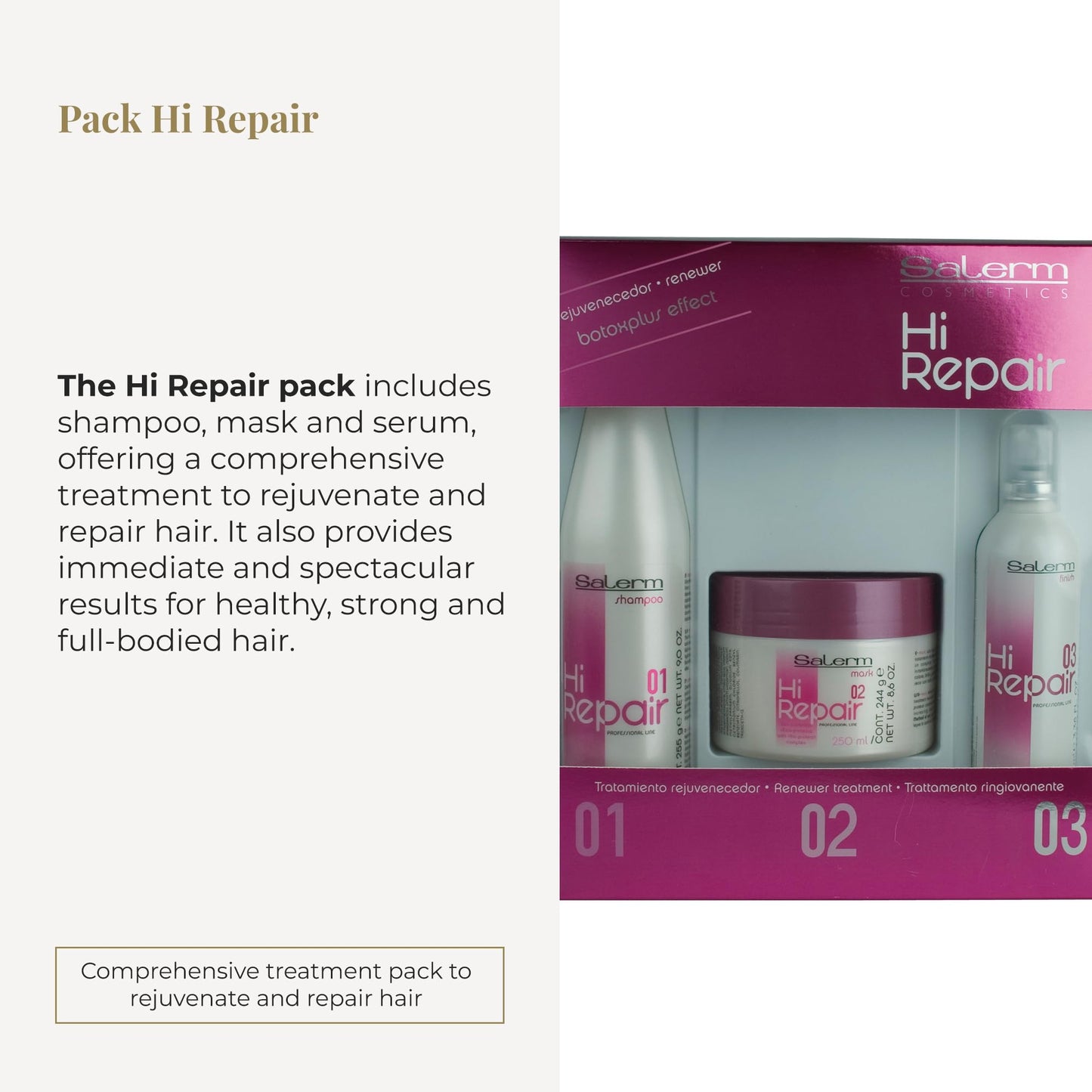 Kit de Reparación de Cabello Salerm Cosmetics Hi en Blanco con Shampoo, Mascarilla y Acabado