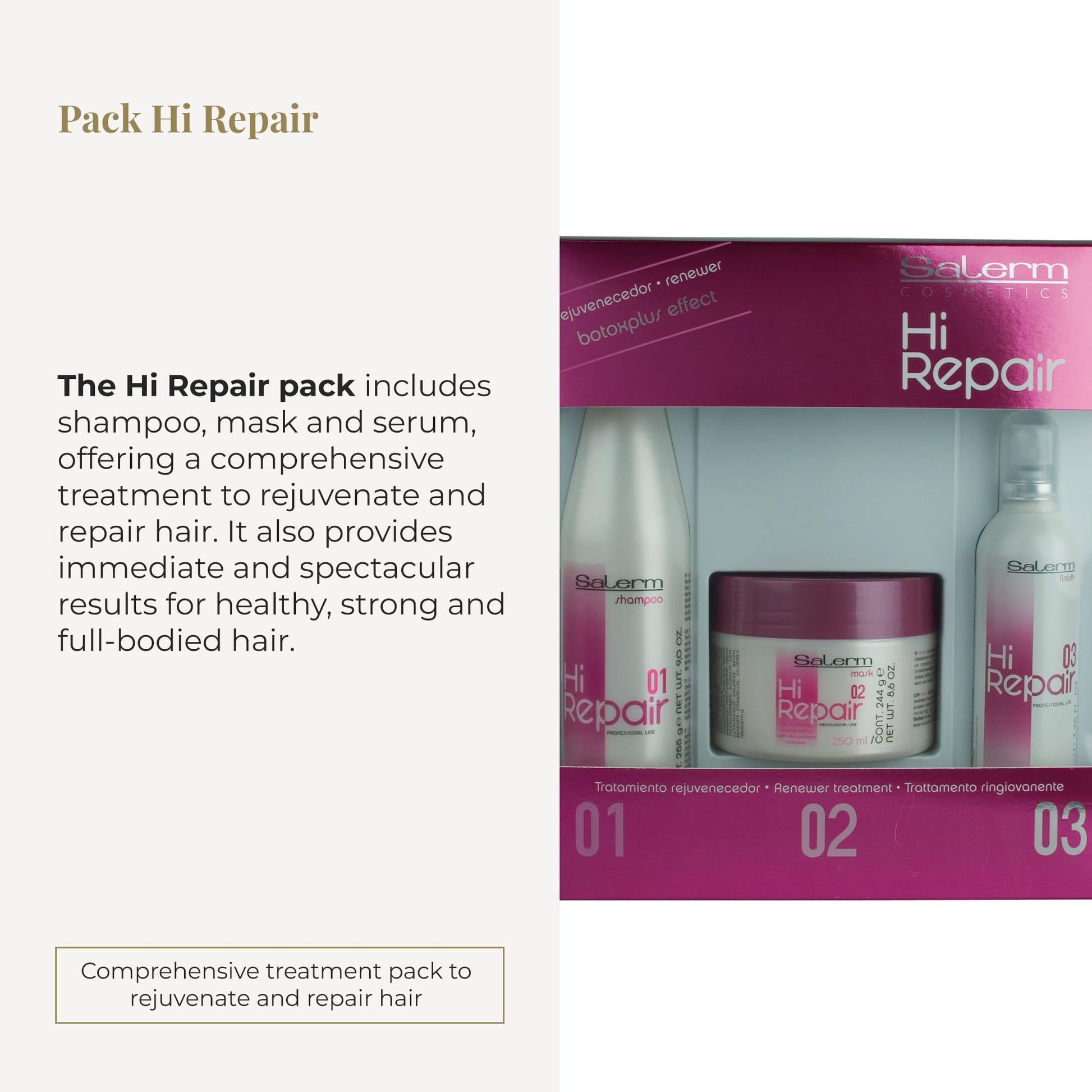Kit de Reparación de Cabello Salerm Cosmetics Hi en Blanco con Shampoo, Mascarilla y Acabado