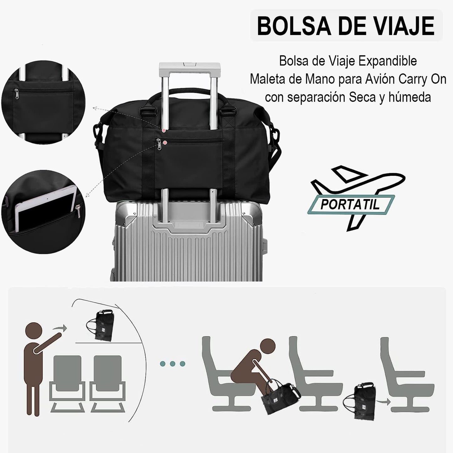 Bolsa de Viaje ZIRONG Negro con Separación Húmedo y Seco para Mujer Hombre