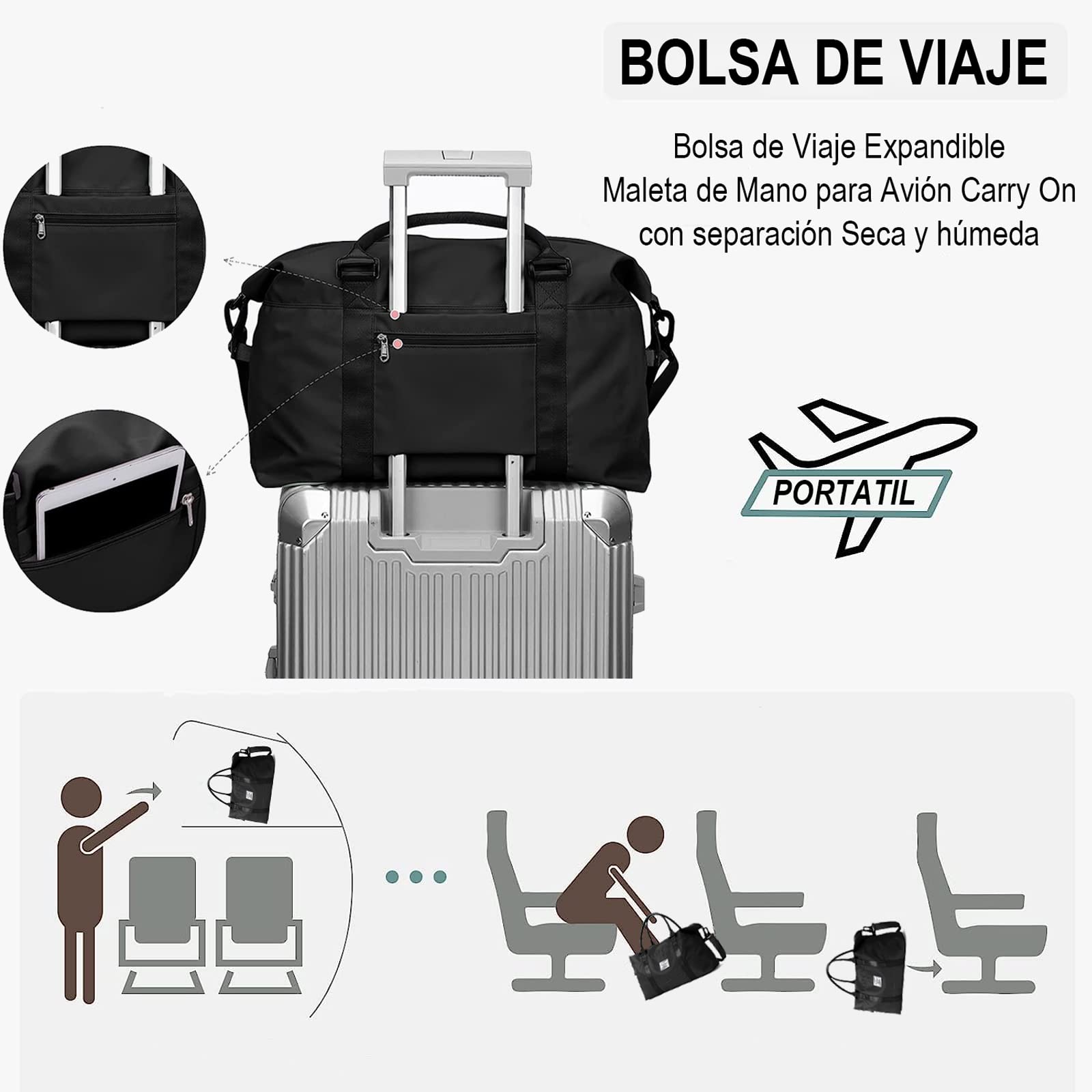 Bolsa de Viaje ZIRONG Negro con Separación Húmedo y Seco para Mujer Hombre