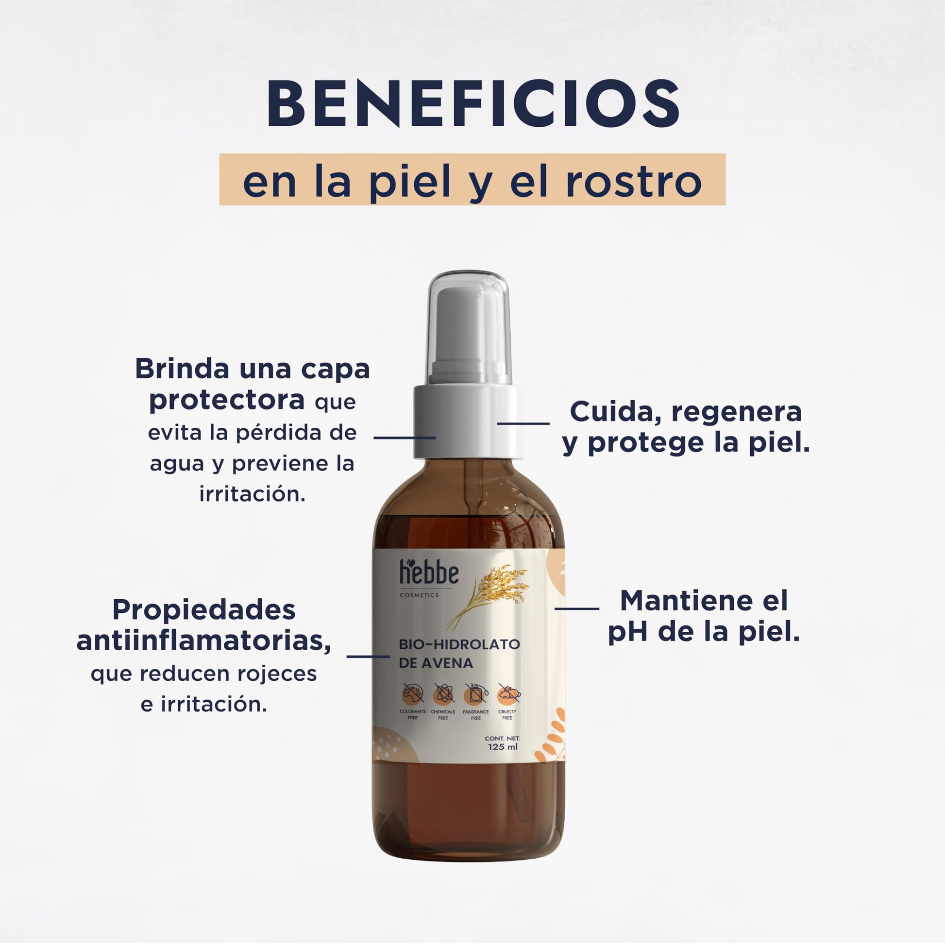 HEBBE - Hidrolato de Avena 120 ml | Capa Protectora que Evita la Pérdida de Agua | Previene la Irritación | Cuida, Regenera y Protege la Piel | Propiedades Antiinflamatorias | Mantiene el pH de la Piel | Contenido 120 ml