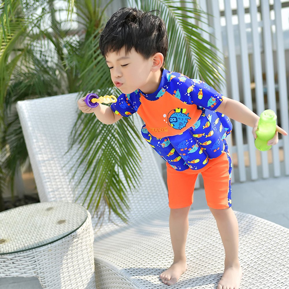 ESA Supplies - Bañador Flotante para niños pequeños, Color Naranja y Azul con Gorro de natación y Anillo Hinchable, Anaranjado, Medium