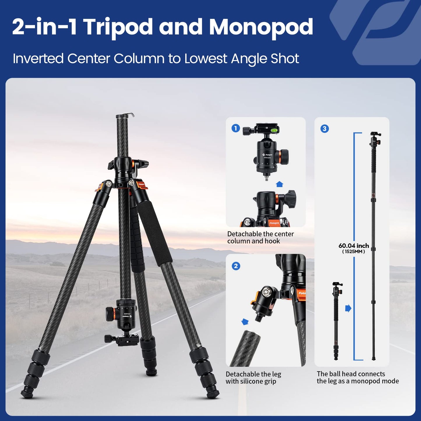 Fotopro - Trípode Horizontal de Fibra de Carbono, trípode de cámara de 75 Pulgadas con Cabezal de Bola de 360 Grados, Placa de liberación rápida para videocámara DSLR, trípode 2 en 1, Carga máxima de