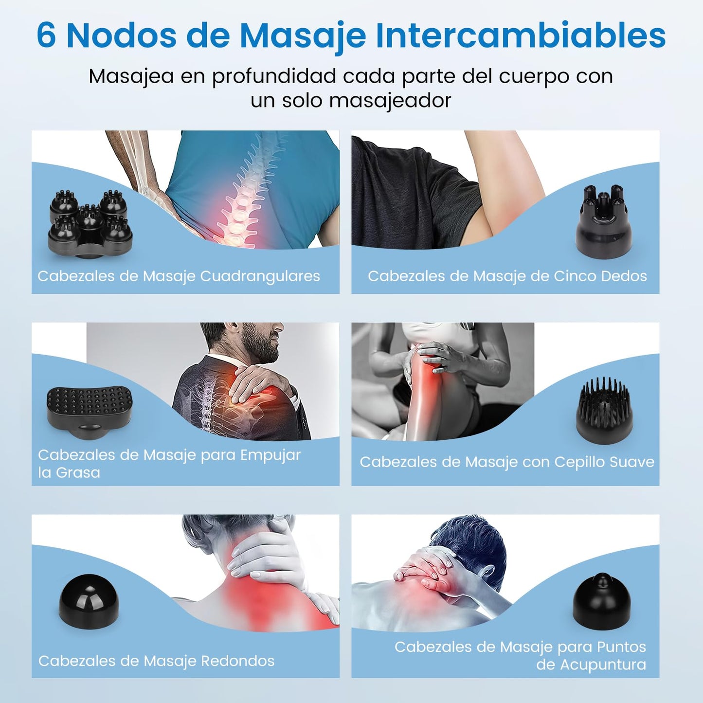Masajeador de Espalda,Masajeador Electrico para Alivio del Dolor Muscular,Masajeadores de Mano con Diseño Ergonómico,10 Modos,12 Velocidades y 6 Cabezales de Masaje,Masaje para Espalda,Pierna y Cuello
