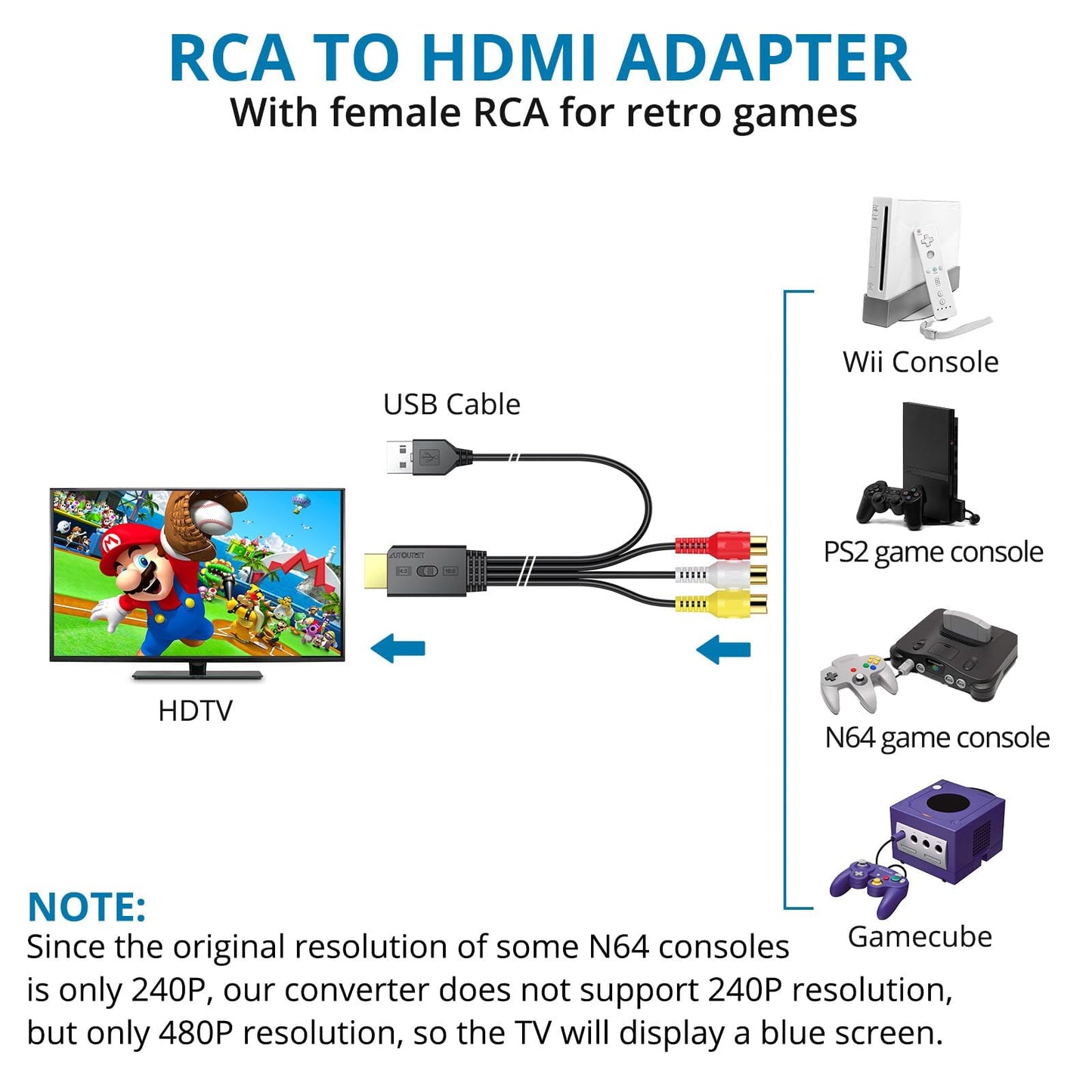AUTOUTLET Convertidor RCA a HDMI, adaptador AV a HDMI 1080P compatible con conversión 16:9/4:3 y PAL/NTSC, adaptador de audio de vídeo RCA con cable RCA hembra de 60 cm para Wii, PS1/PS2, Xbox, N64
