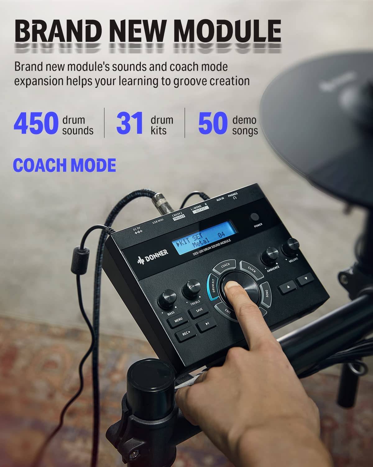 Donner DED-200 - Batería electrónica con pads de tambor de malla silenciosos, 2 platillos con función de choque, 31 kits y más de 450 sonidos, banqueta, auriculares, baquetas, USB MIDI, lecciones