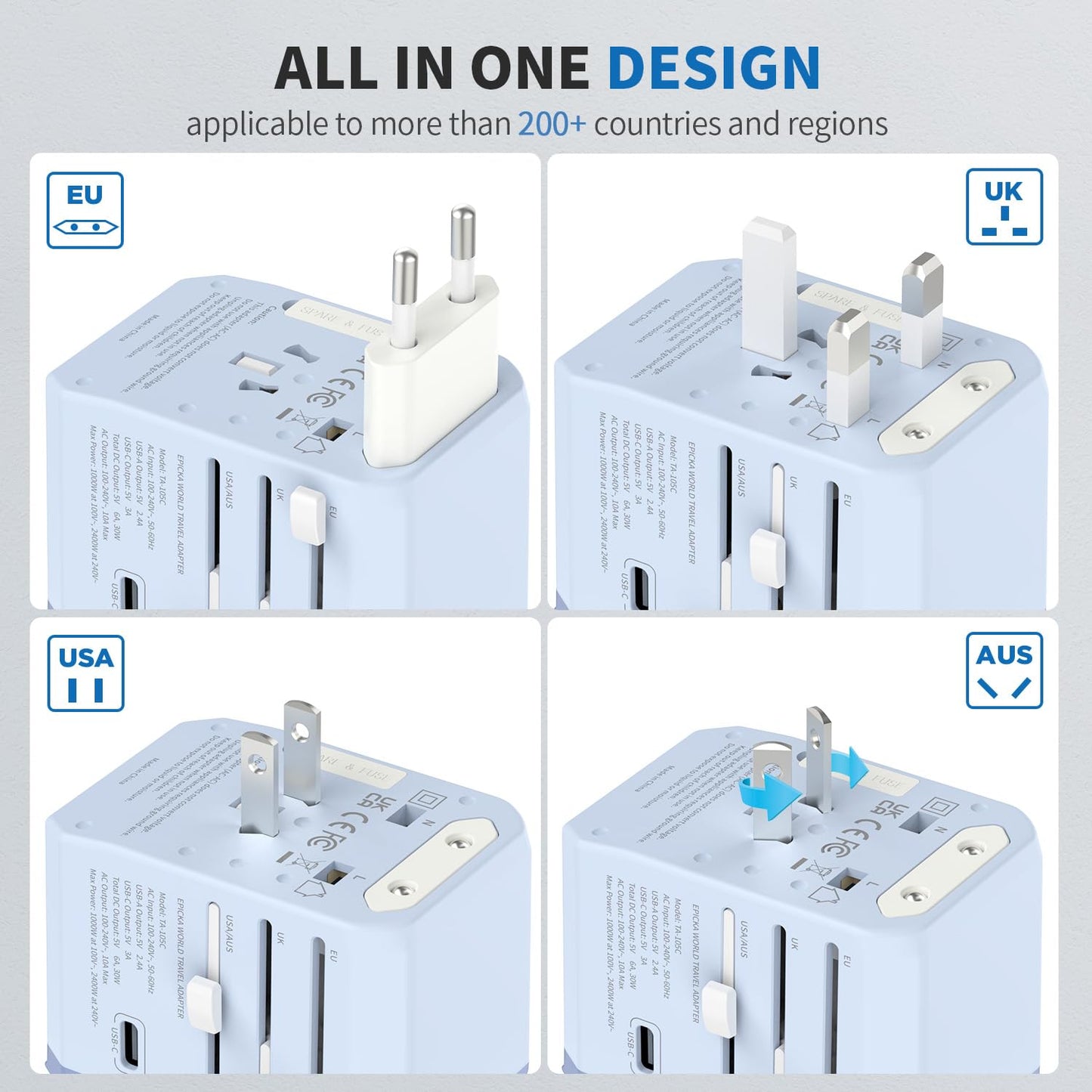 EPICKA - Adaptador Universal de Viaje, Adaptador de Enchufe Internacional con 3 Puertos USB-C y 2 Puertos USB-A, UE Reino Unido, AUS (TA-105C, Azul)