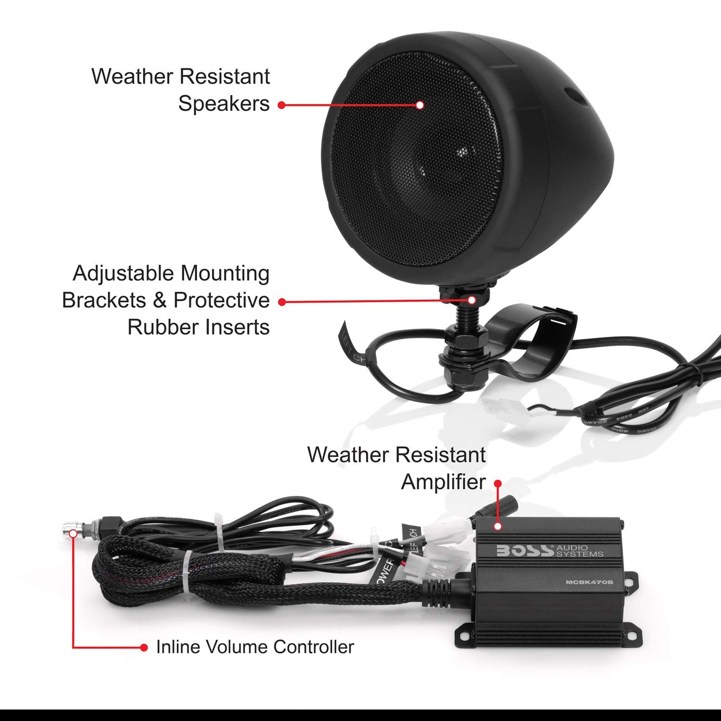 BOSS Audio MCBK470B Black 1000 Watt Motorcycle/ATV Sound System with Bluetooth Audio Streaming, Two Pairs of 3 Inch Weather Proof Speakers, Aux Input and Volume Control