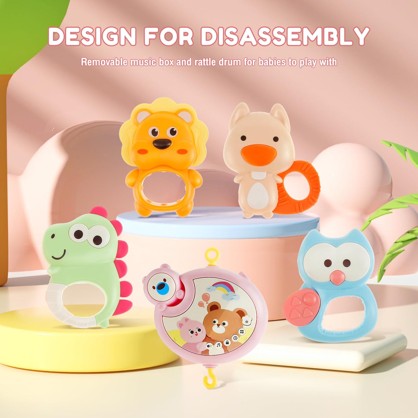 Móvil para cuna musical, juguetes colgantes para cuna con música y luces nocturnas, móvil para cuna de bebe rotación de 360° para bebé, regalo para recién nacidos (rosa)