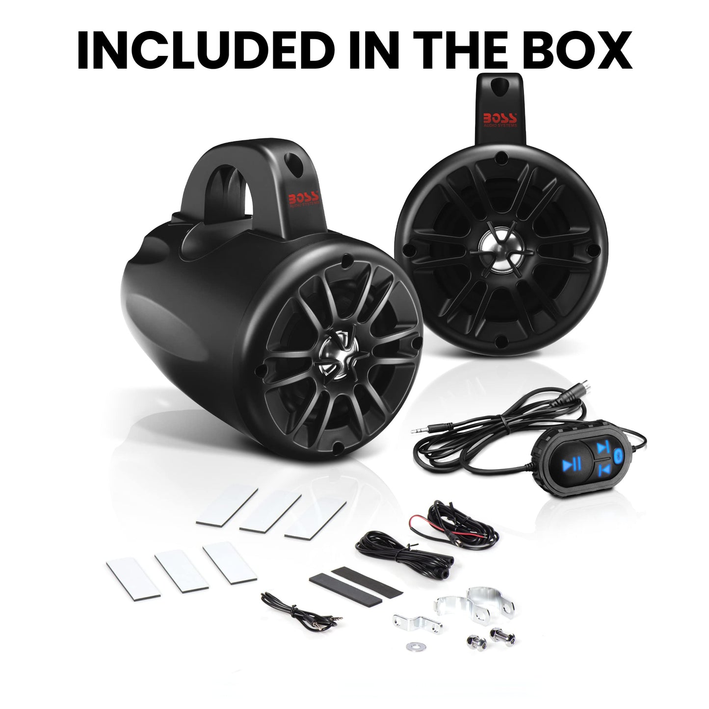 BOSS - Receptor de audio/altavoz (MP3/USB/SD AM/FM Marine Stereo, panel frontal desmontable, mando a distancia inalámbrico (sin CD/DVD), dos altavoces de 6,5 pulgadas, antena), Bocinas de torre con Bluetooth 10.16 cm, Regular