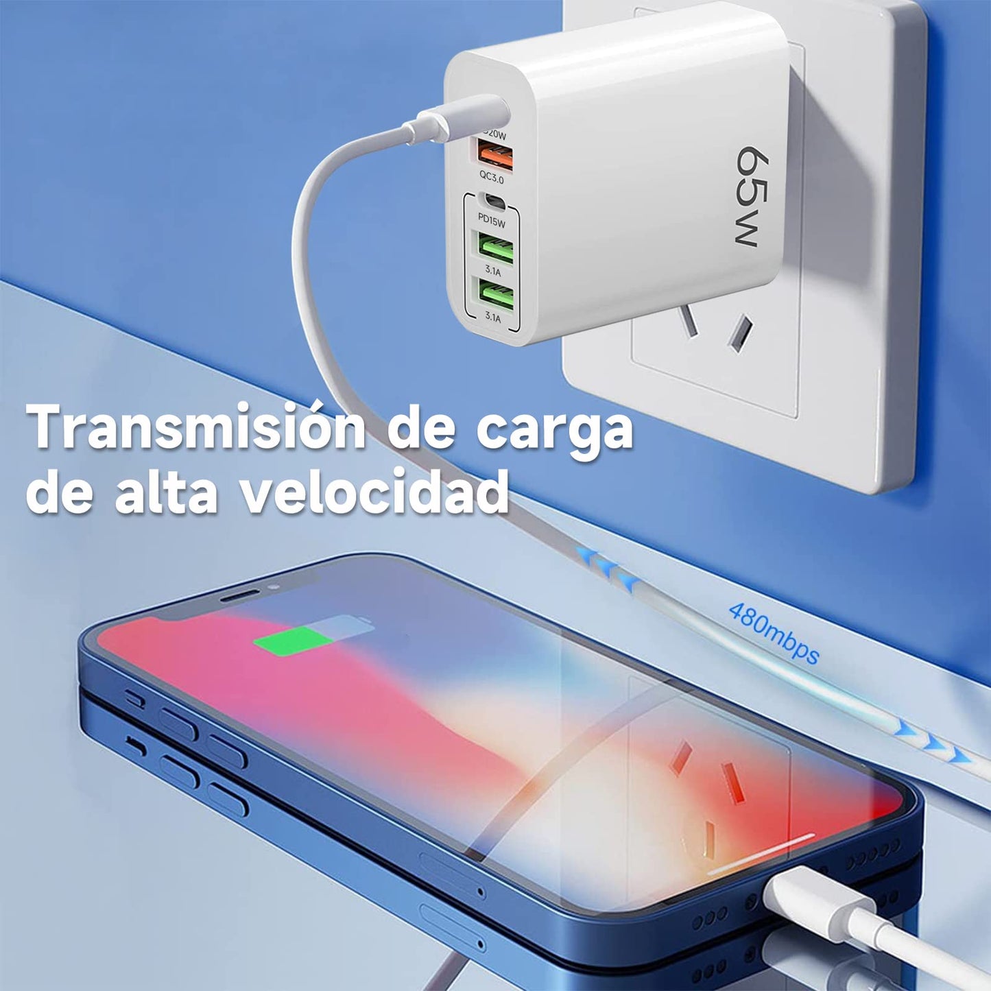 Eynshoo Cargador Tipo C con Cable 1.5m, 65W Cargador USB C PD20w+PD15w 5 en 2 Carga Rapida, Compatible con iPhone 14 13 12 11 Pro MAX iPhone Mini X XS XR 8 9 Plus iPad Pro Huawei (PD20w+PD15w)