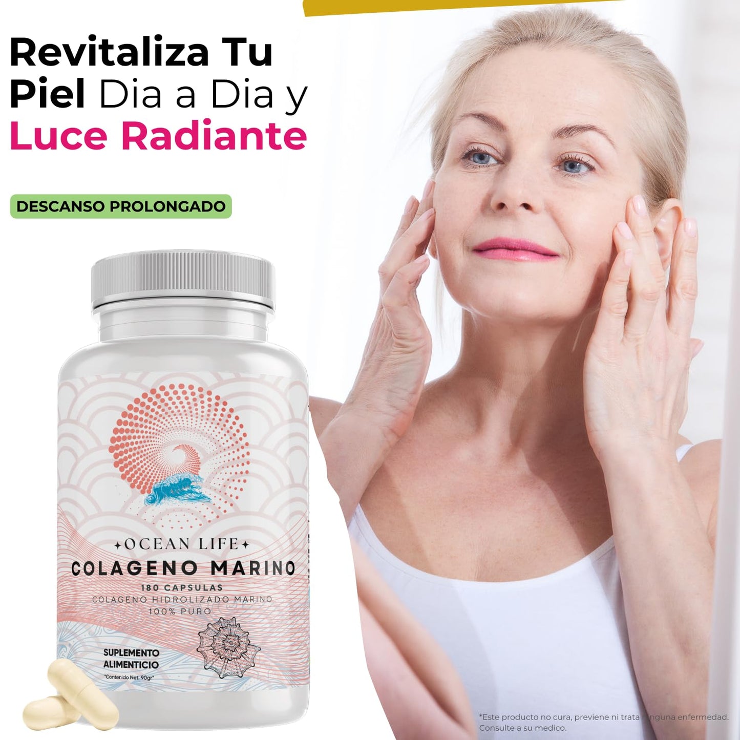 Colágeno Marino Hidrolizado OceanLife Puro 180 Cápsulas Potente Efecto Hidratante y Revitalizante