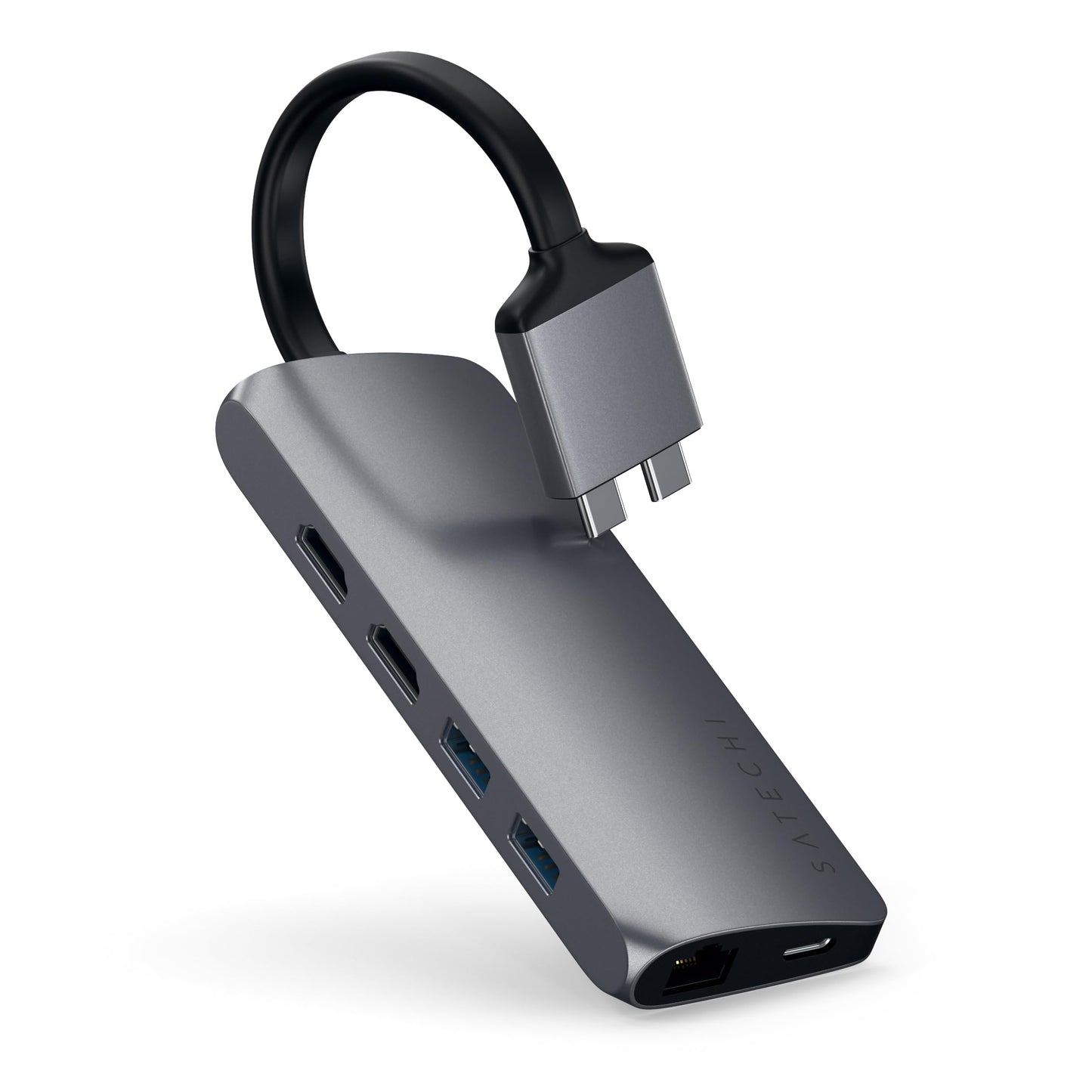SATECHI Adaptador USB C Doble Multimedia Tipo-C con HDMI 4K, USB-C PD, Gigabit Ethernet, Lector de Tarjetas MicroSD, USB 3.0 - para M2/ M1 MacBook Pro/Air (Gris Espacial)