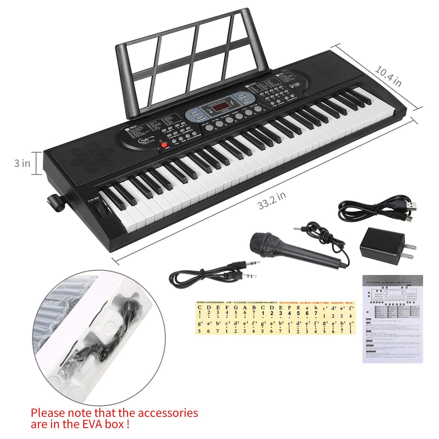 Hricane - Teclas iluminadas de piano para principiantes, adultos, adolescentes, niños, teclado de música electrónico de 61 teclas con modos de enseñanza, alimentado por USB o batería con visualización