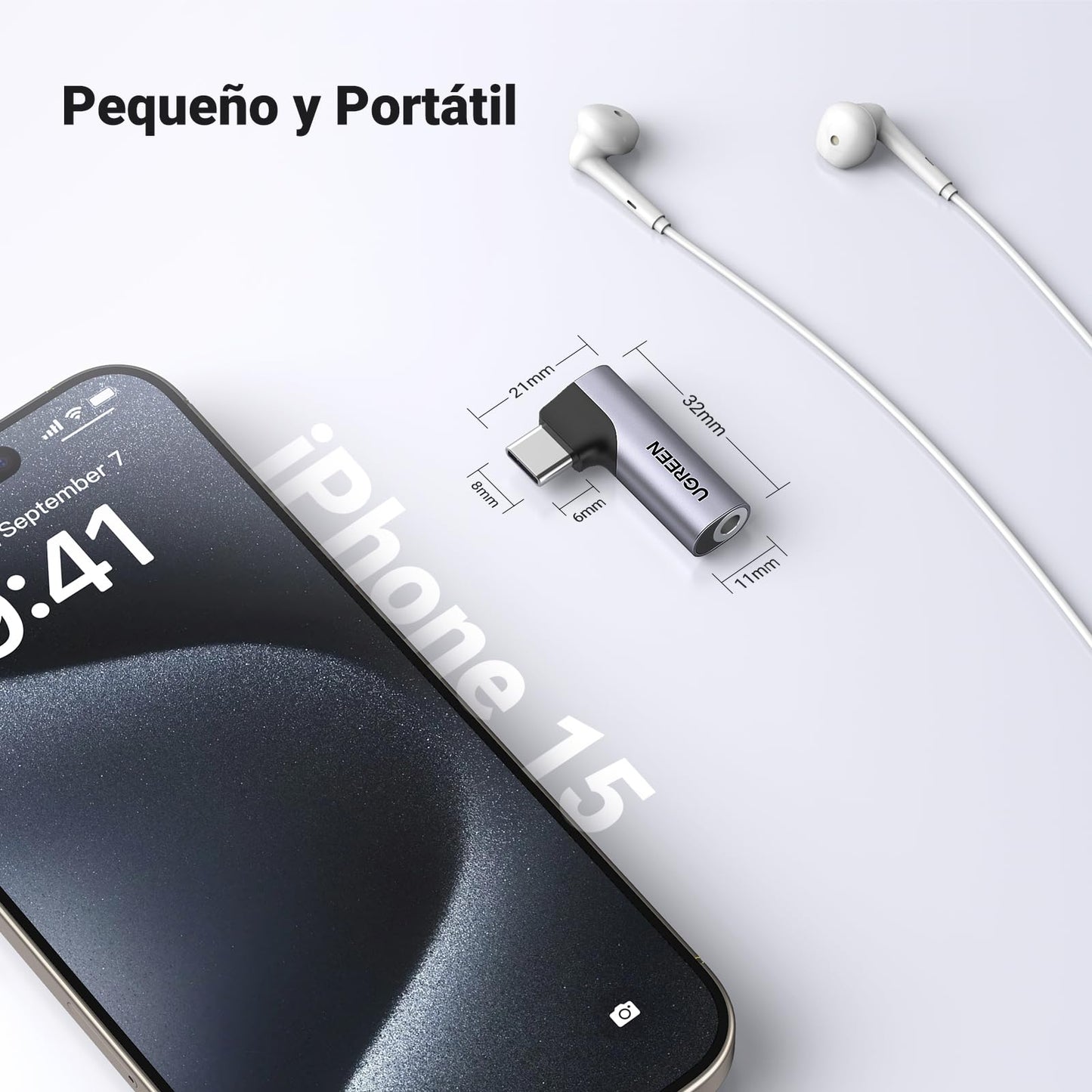 Adaptador USB C UGREEN Gris con Chip DAC y Ángulo de 90 Grados para Auriculares