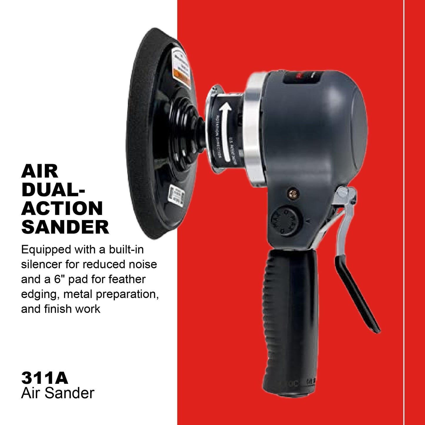 Ingersoll Rand 311A Lijadora neumática silenciosa de 6 pulgadas, almohadilla de vinil, 12000 RPM, 0.25 HP, es ideal para bordes de plumas, preparación de metales y trabajos de acabado.