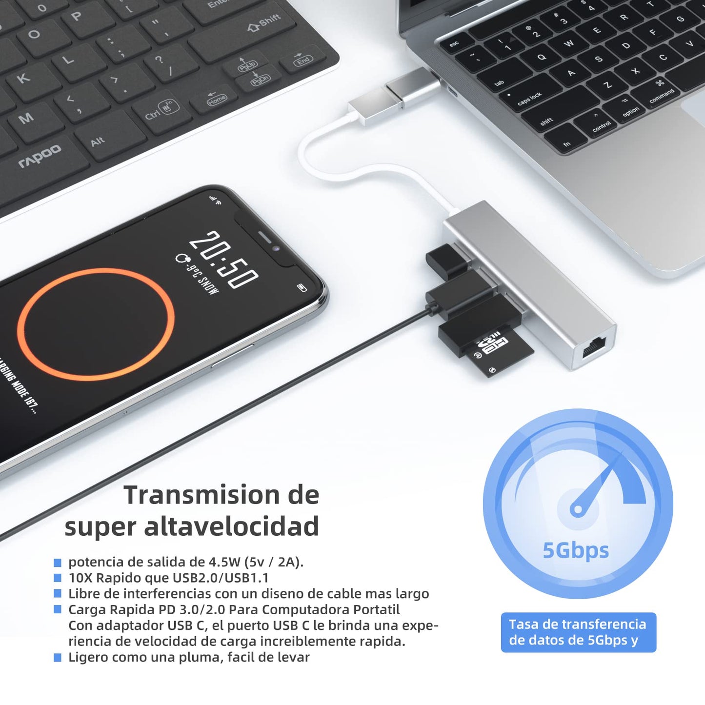 Adaptador USB Ethernet Qzgyoool con USB C y Hub 4 en 1 para PC y Mac