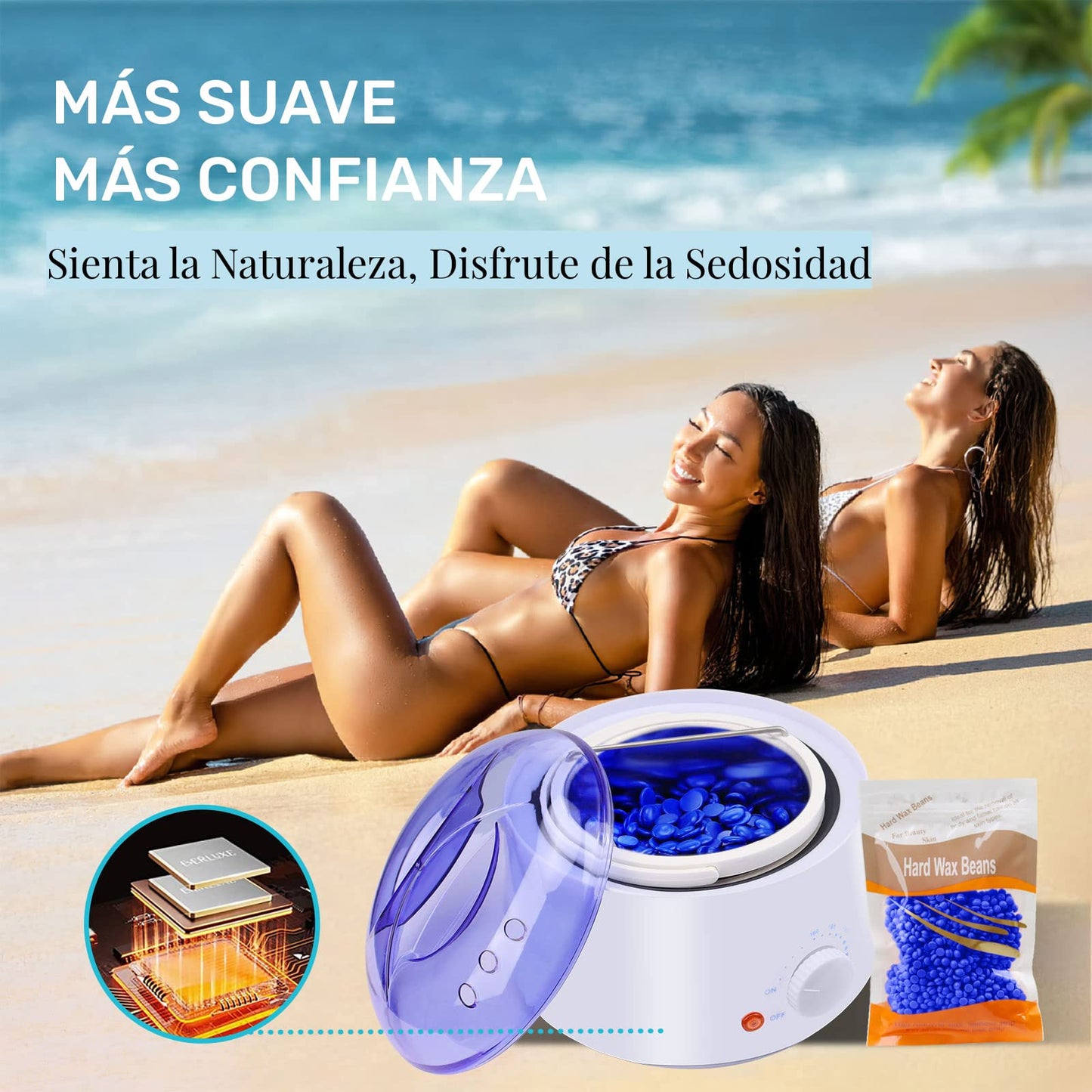 Cera para Depilar, Cera Depiladora con 500g Perlas de Cera Dura, Kit Cera Española para Depilar para Cejas | Bikini, Piernas, Axilas y Más, Calentador de Cera Eléctrico para Depilación con 20 Espátulas y 2 Frascos de Spray Tratante (Blanco)