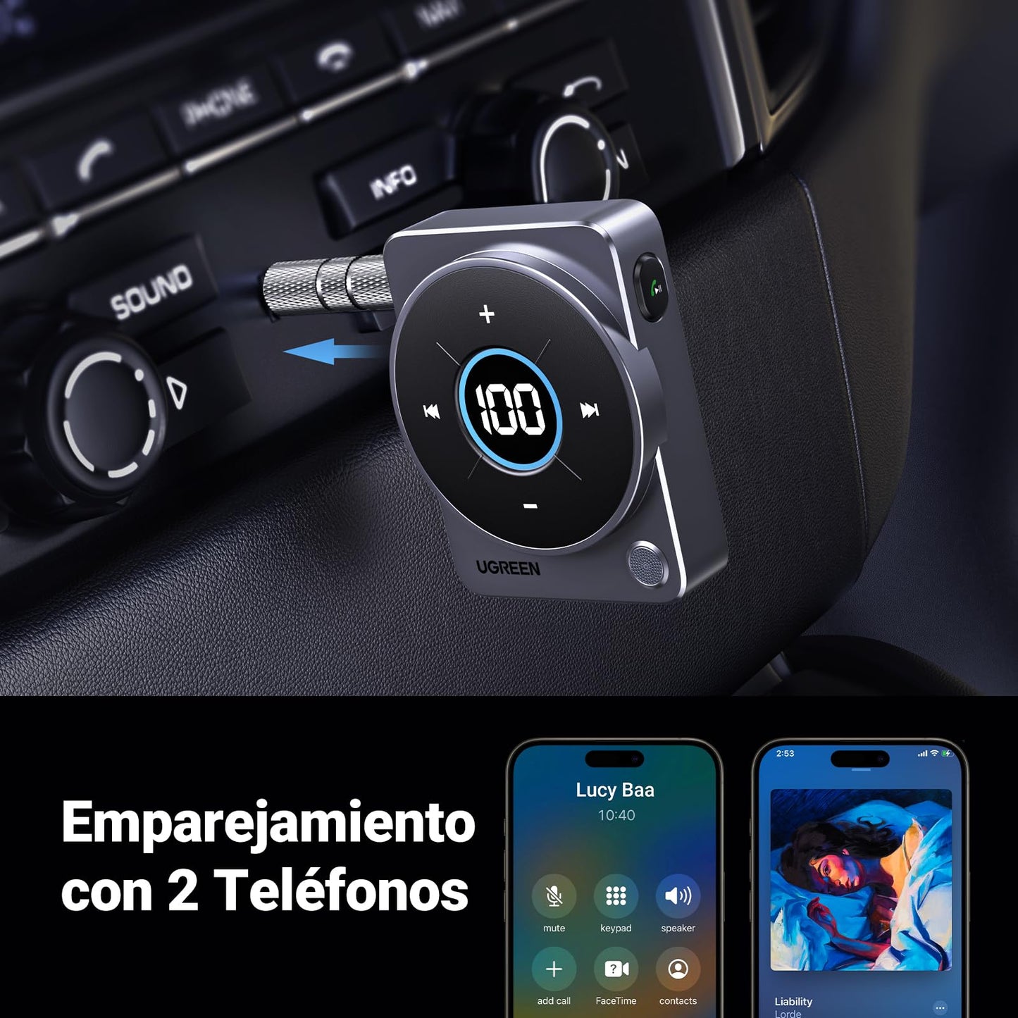 Adaptador Bluetooth UGREEN Azul Pantalla LED para Auto
