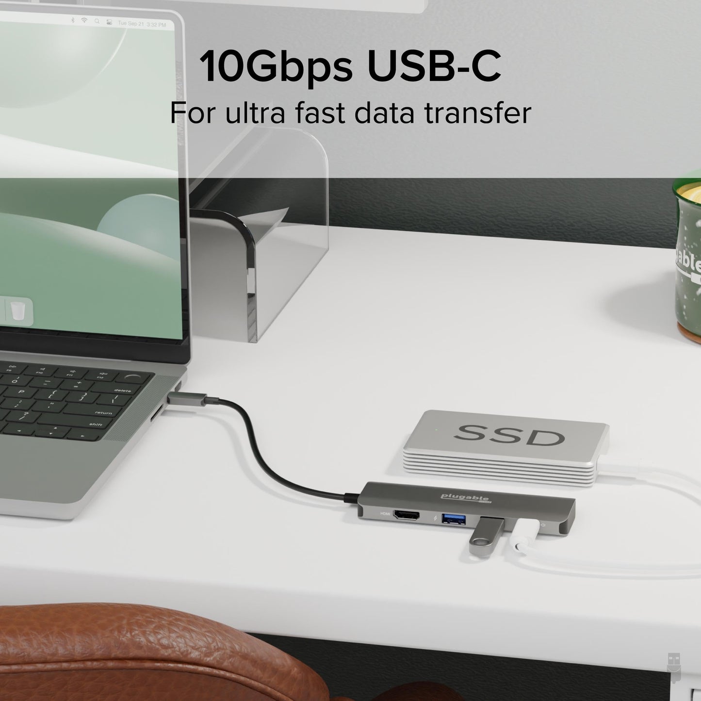 Adaptador Multipuerto USB C Plugable 100W Carga de Paso HDMI 4K 60Hz para Windows, Mac, iPad Pro y Chromebook