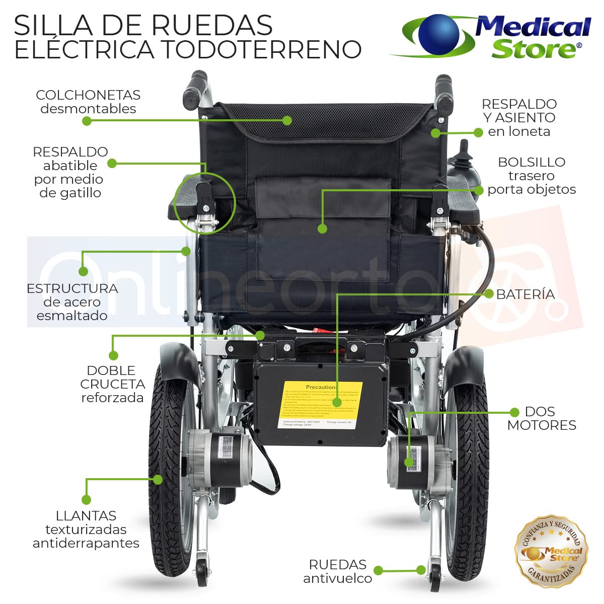 Silla de Ruedas Eléctrica Medical Store Negro de Acero Alta Resistencia con Cinturón y Joystick