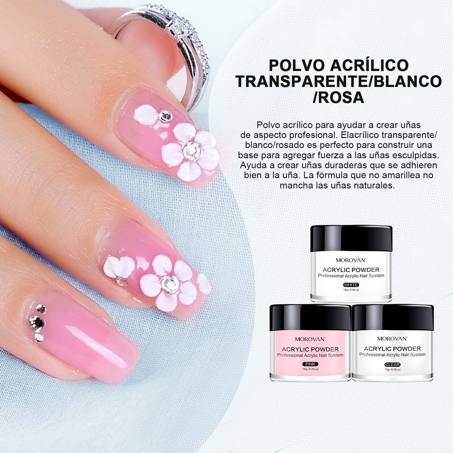 Morovan Polvo Acrílico para Uñas Kit (3 Colores) - Ideal para Principiantes