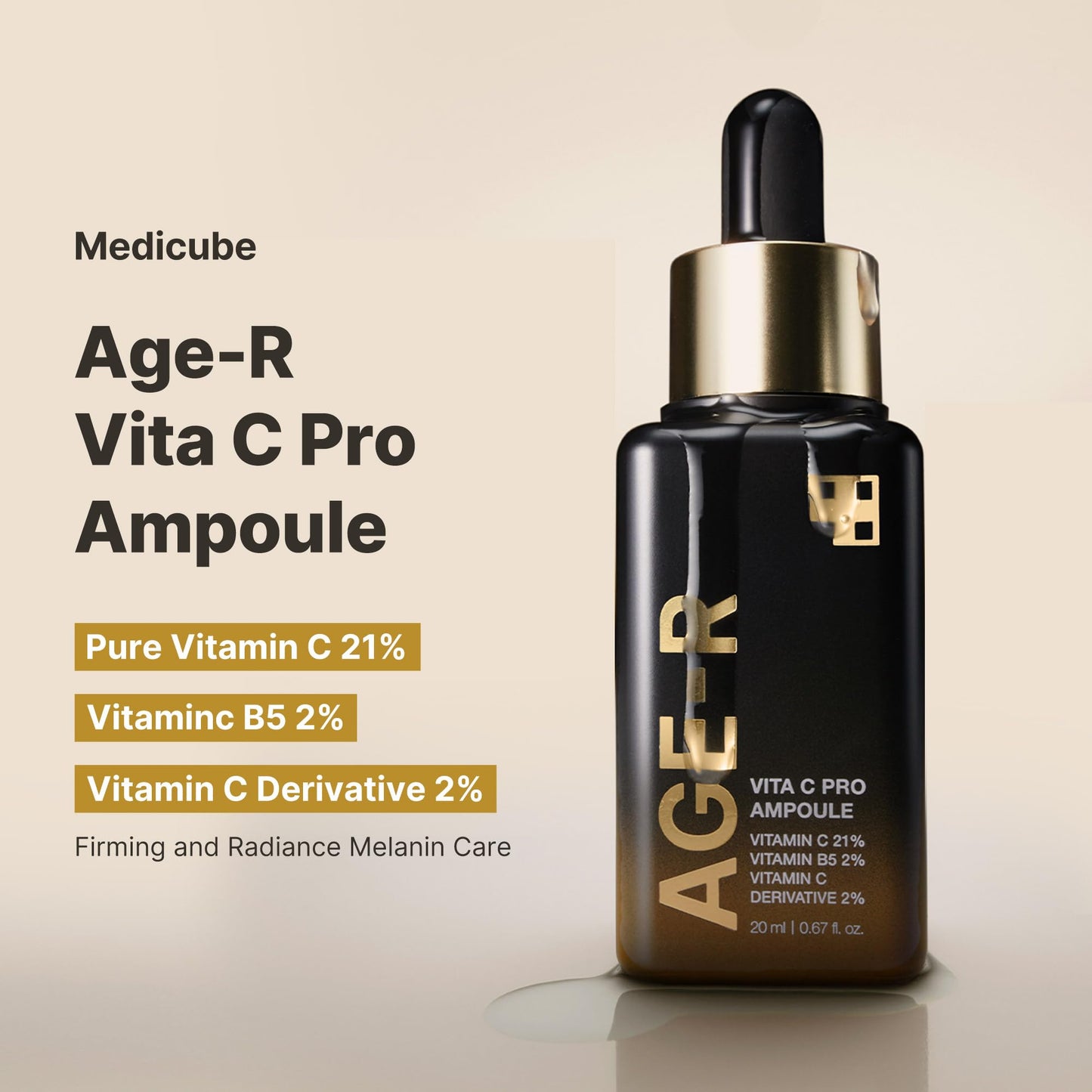 Suero con vitamina C Age R Vita C Pro Ampoule para pigmentación, tono de piel irregular e hidratación Aumente la absorción y la luminosidad hasta en un 780% con Age R Booster Pro