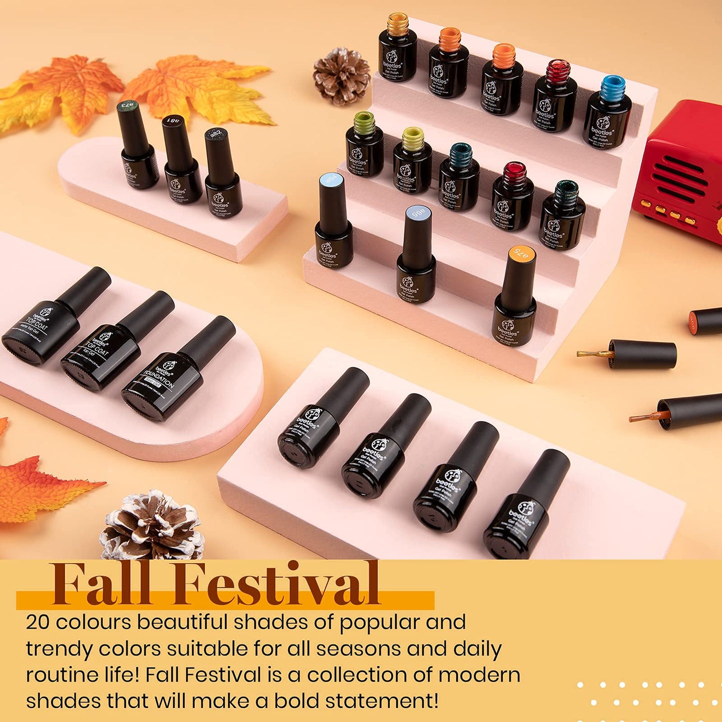 Beetles de esmalte de uñas de gel, esmalte de uñas de gel de otoño invierno rojo amarillo naranja verde juego de esmalte de gel con capa superior de gel brillante y mate capa base de uñas regalos para mujeres