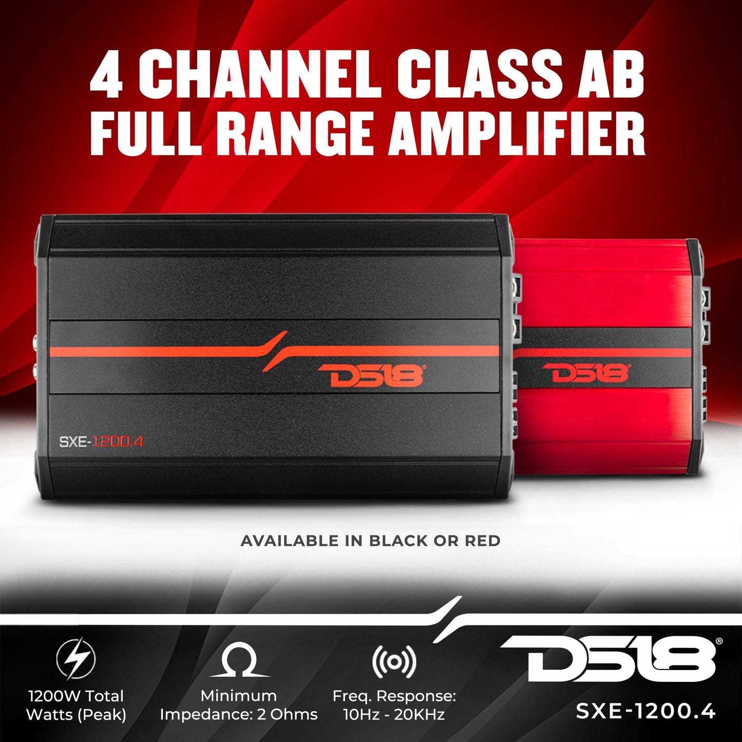 Amplificador Estéreo DS18 Rojo Clase A/B 4 Canales 1200 Vatios para Coche