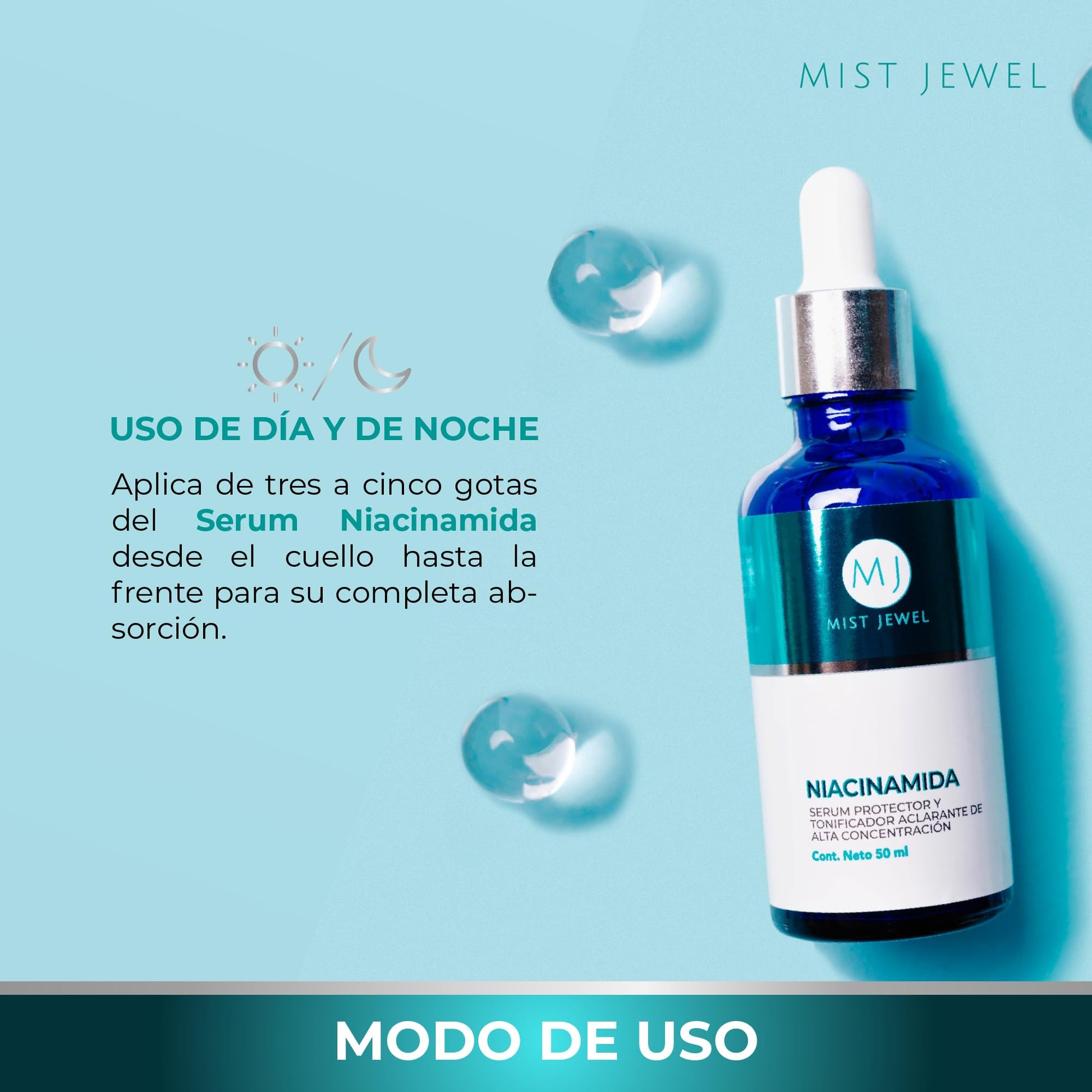 MIST JEWEL Suero facial Niacinamida, Vitamina E y Acido hialurónico tonificador aclarante y protector 50ml | Serum para hombres y mujeres cuidado facial regenerador potente e hidratante de alta efectividad
