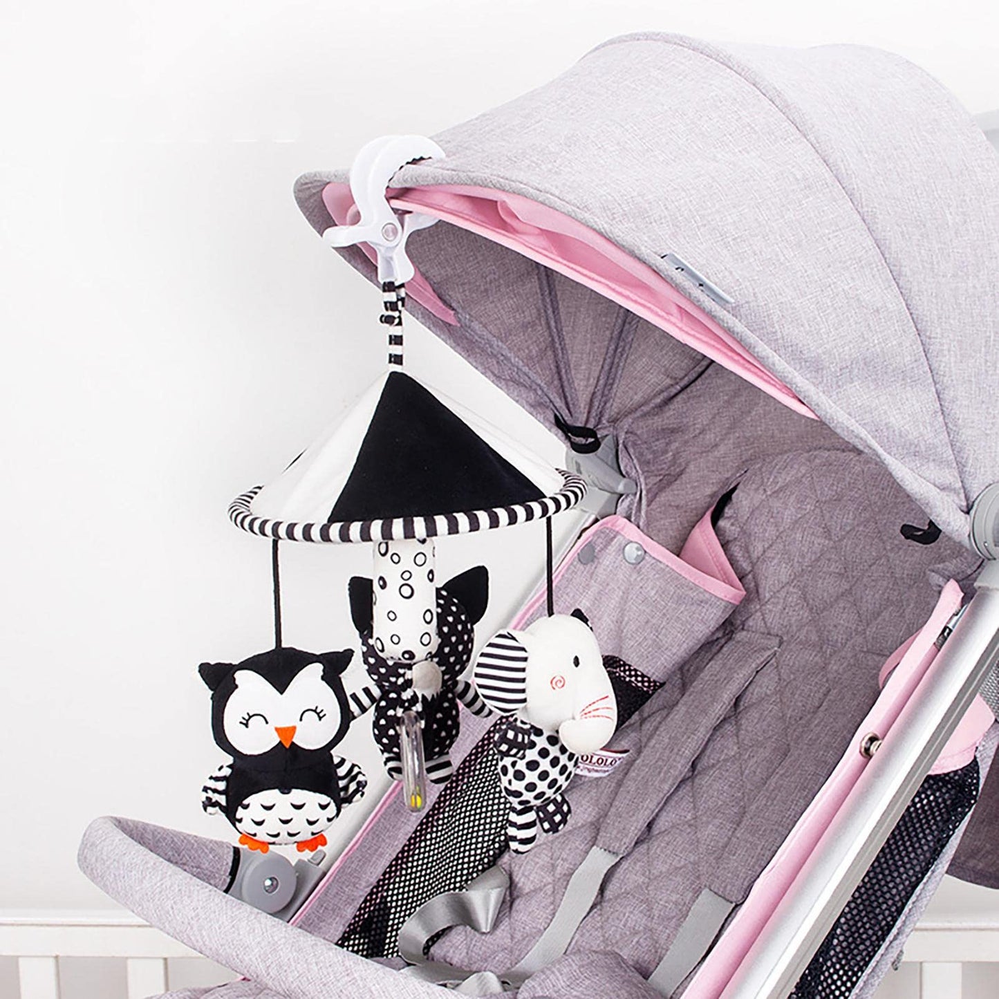 Cuna móvil – Chupete móvil en blanco y negro | Cuna portátil decoración la selva juguetes reconfortantes peluche búho elefante muñeca recámara decoración cabina Sritob