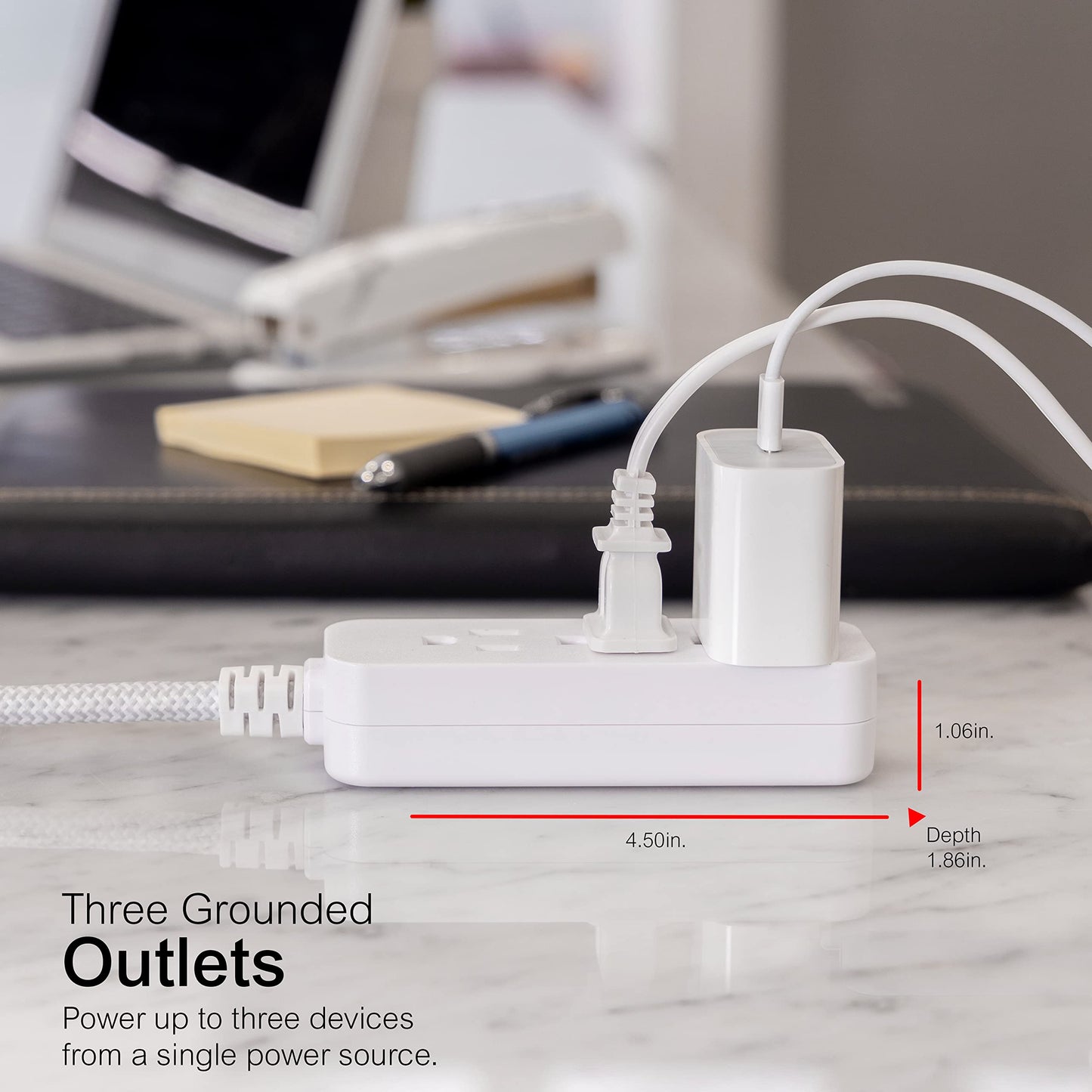GE Pro Tira Multicontactos De 3 Salidas con Supresor de Picos, Enchufe Plano, Cable De Extensión Trenzado De 2.4 m (8 Pies) 250 Julios, Conectado a Tierra Certificacion UL, Blanco/Gris, 1 Unidad 38433